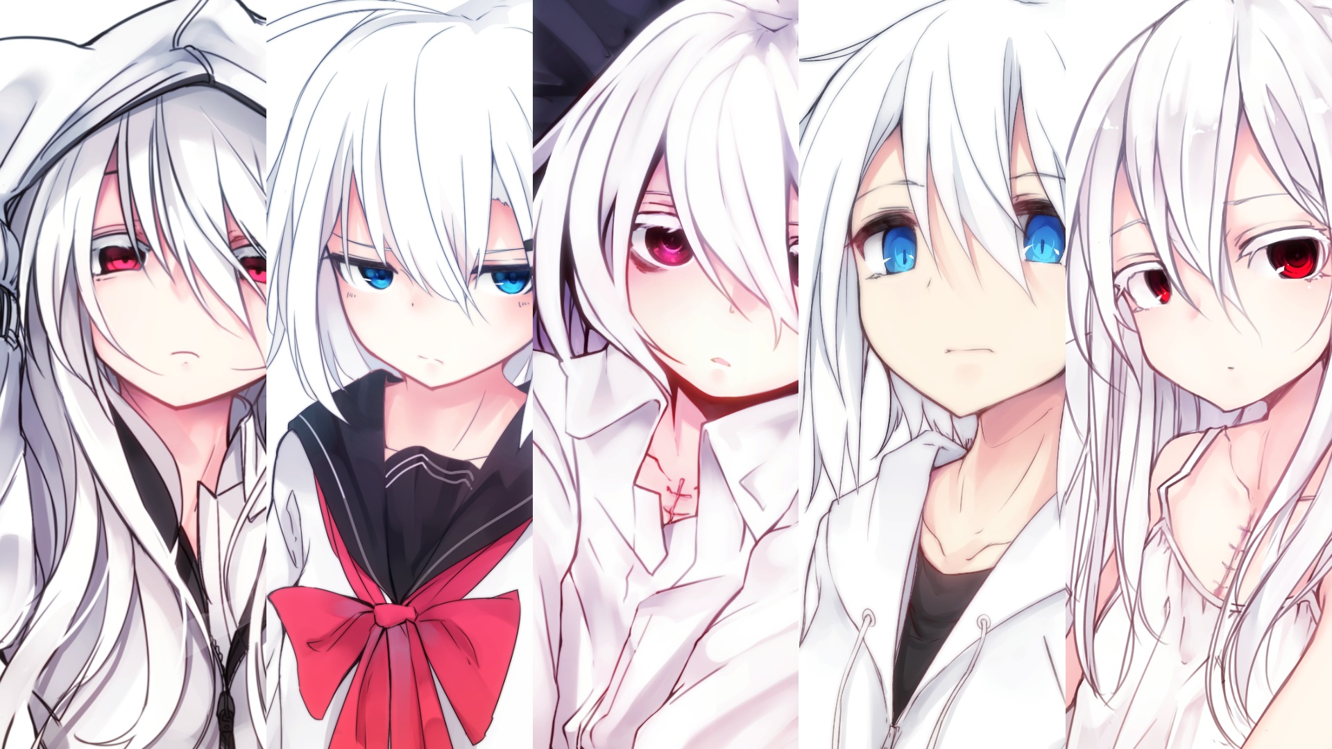 anime, original, blue eyes, hoodie, long hair, red eyes, school uniform, white hair