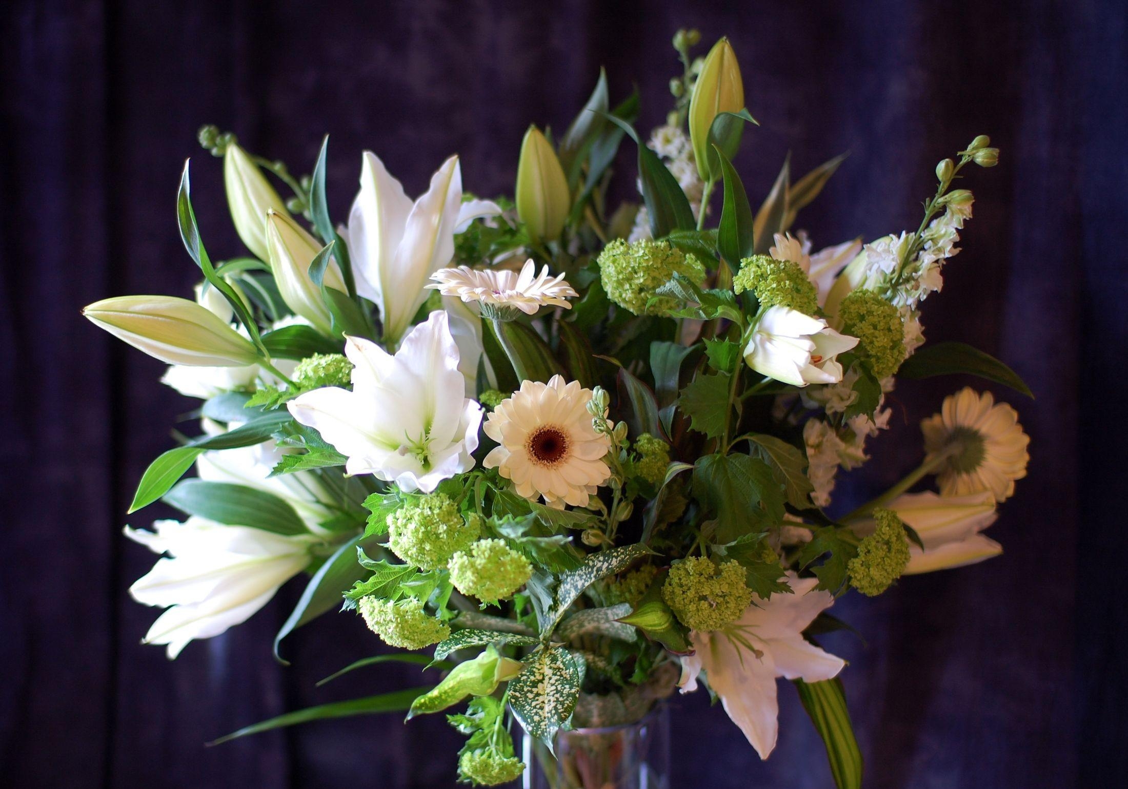 flowers, leaves, lilies, gerberas, bouquet, vase, composition