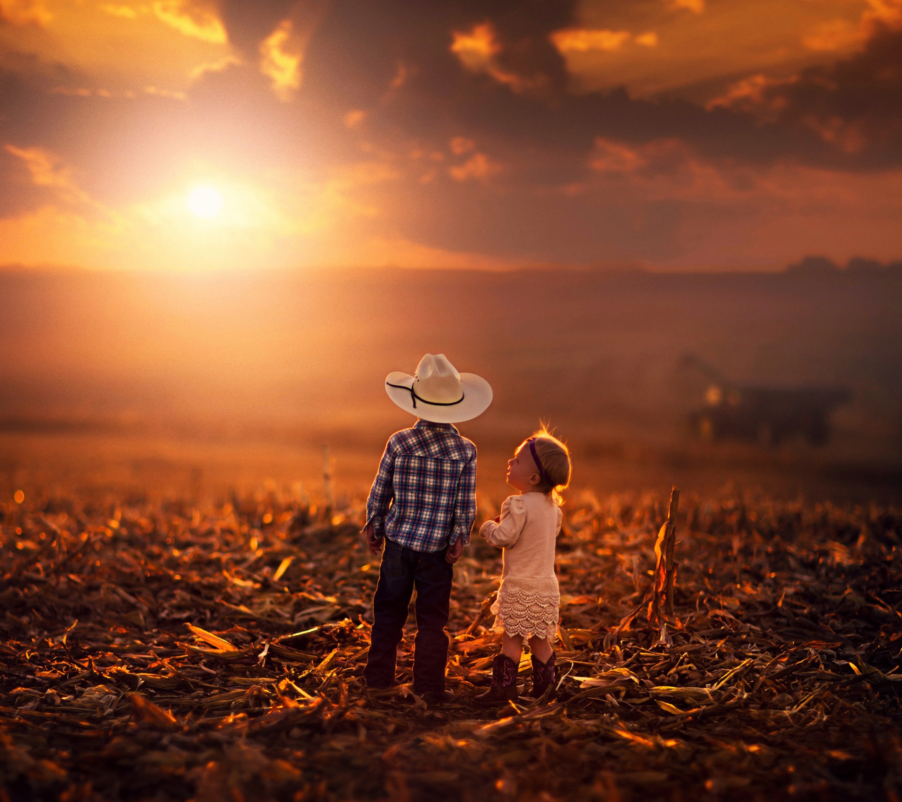 Download mobile wallpaper Landscape, Nature, Sunset, Child, Photography, Countryside, Cowboy for free.