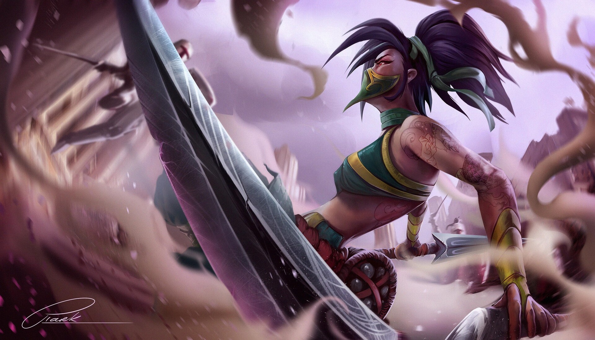 Download mobile wallpaper League Of Legends, Tattoo, Sword, Video Game, Woman Warrior, Purple Hair, Akali (League Of Legends) for free.