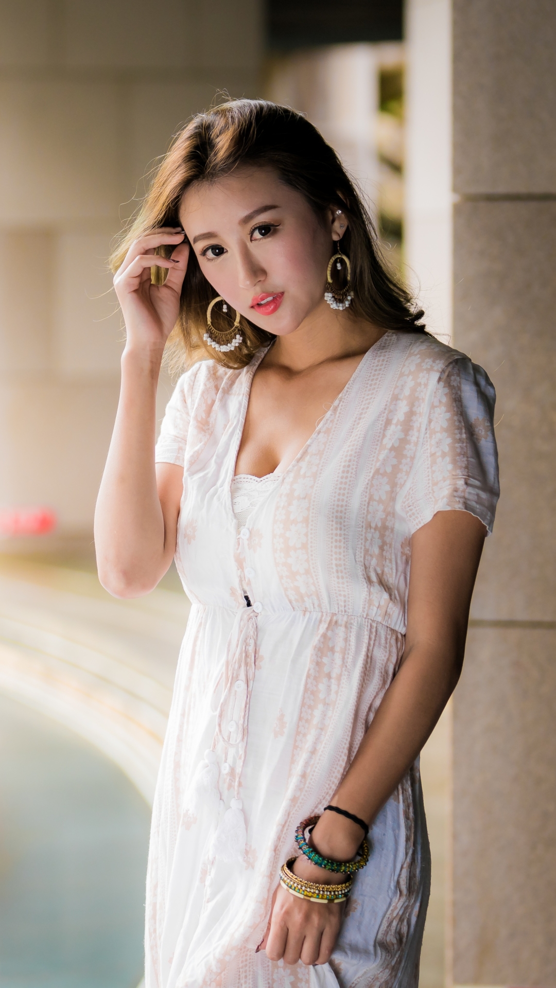 Download mobile wallpaper Brunette, Model, Women, Earrings, Asian, White Dress for free.