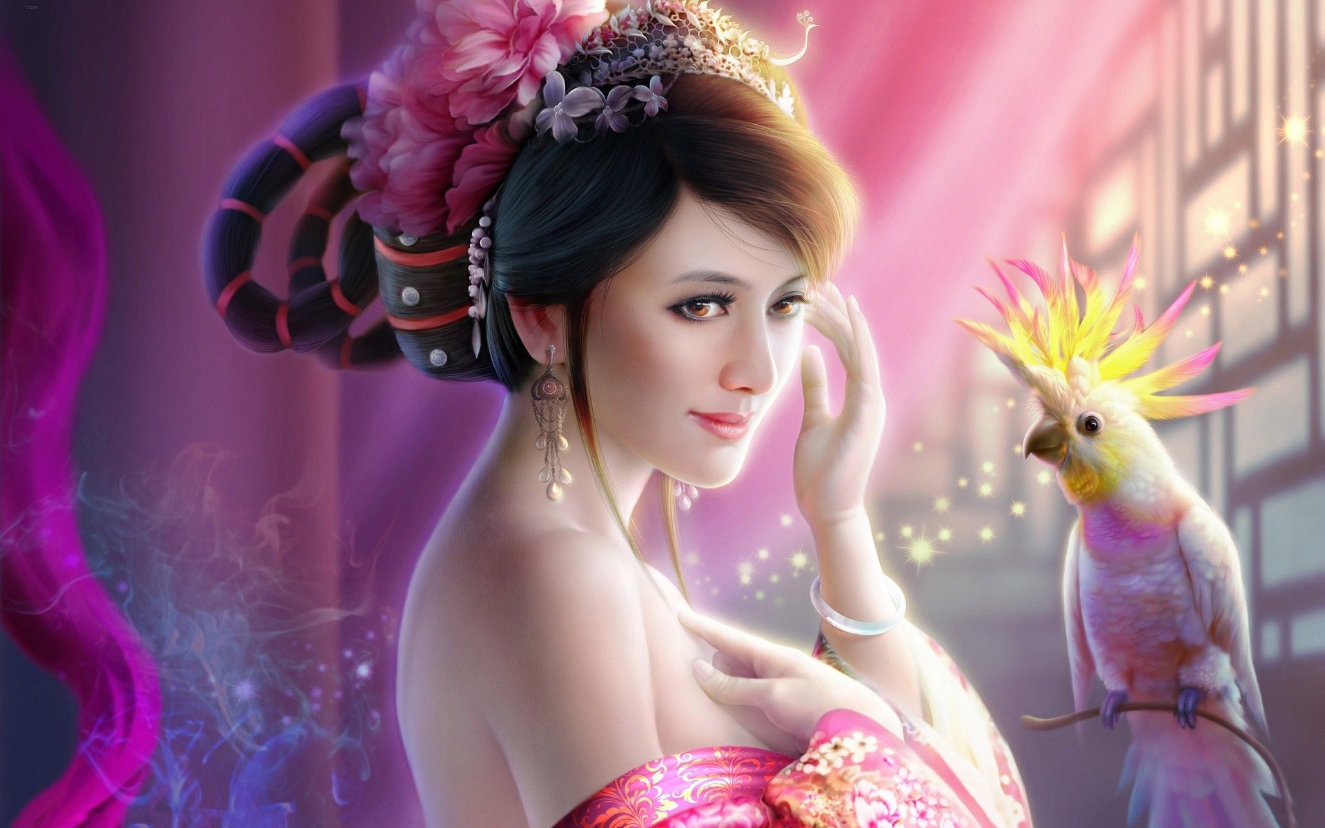 Free download wallpaper Fantasy, Brunette, Oriental, Women, Parrot on your PC desktop