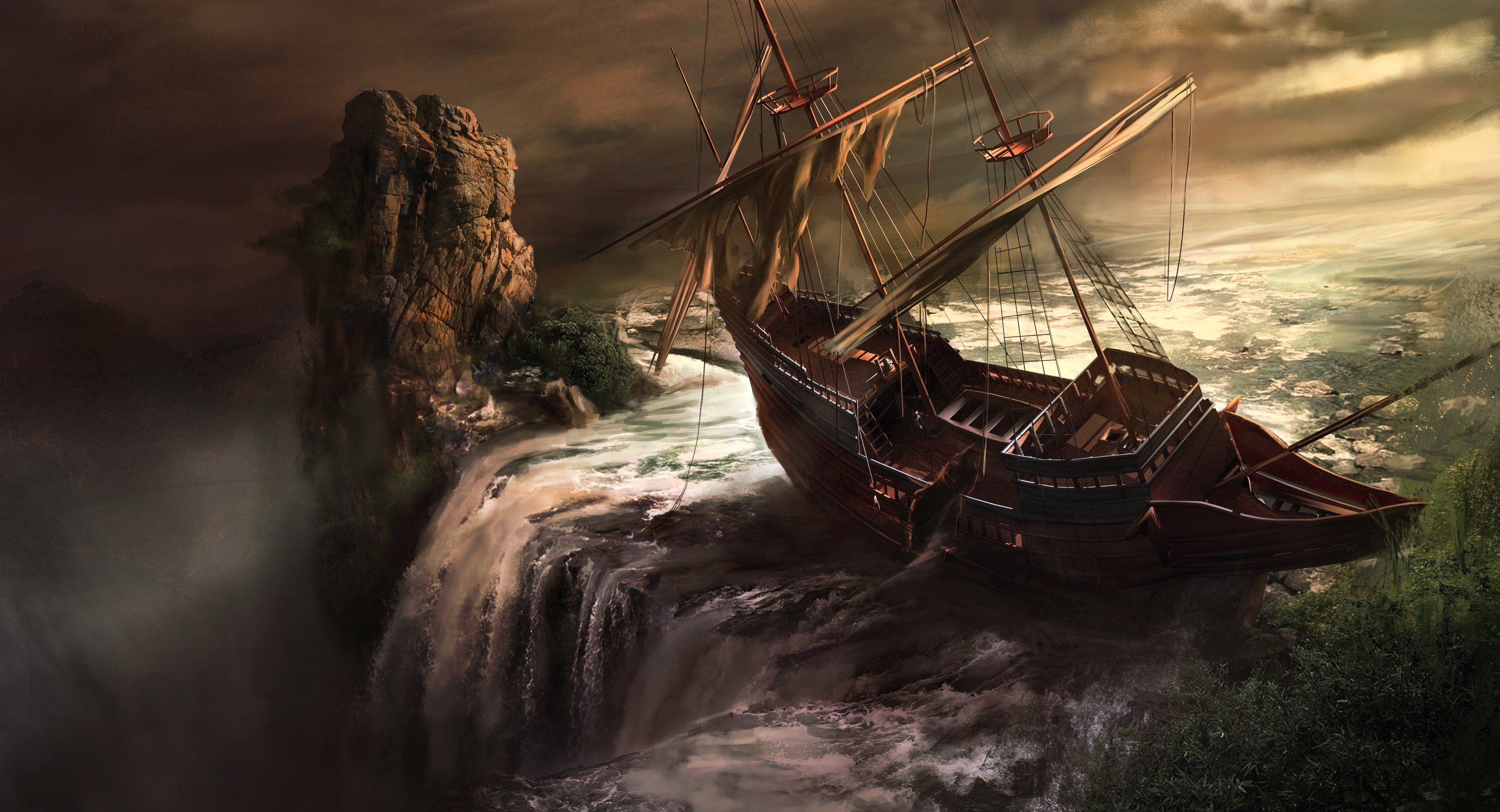 Free download wallpaper Fantasy, Waterfall, Ship on your PC desktop