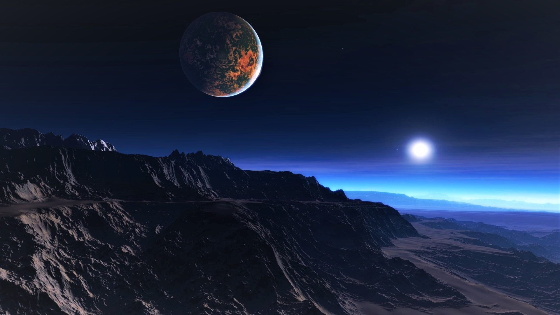 Handy-Wallpaper Landschaft, Planet, Gebirge, Science Fiction, Himmel kostenlos herunterladen.