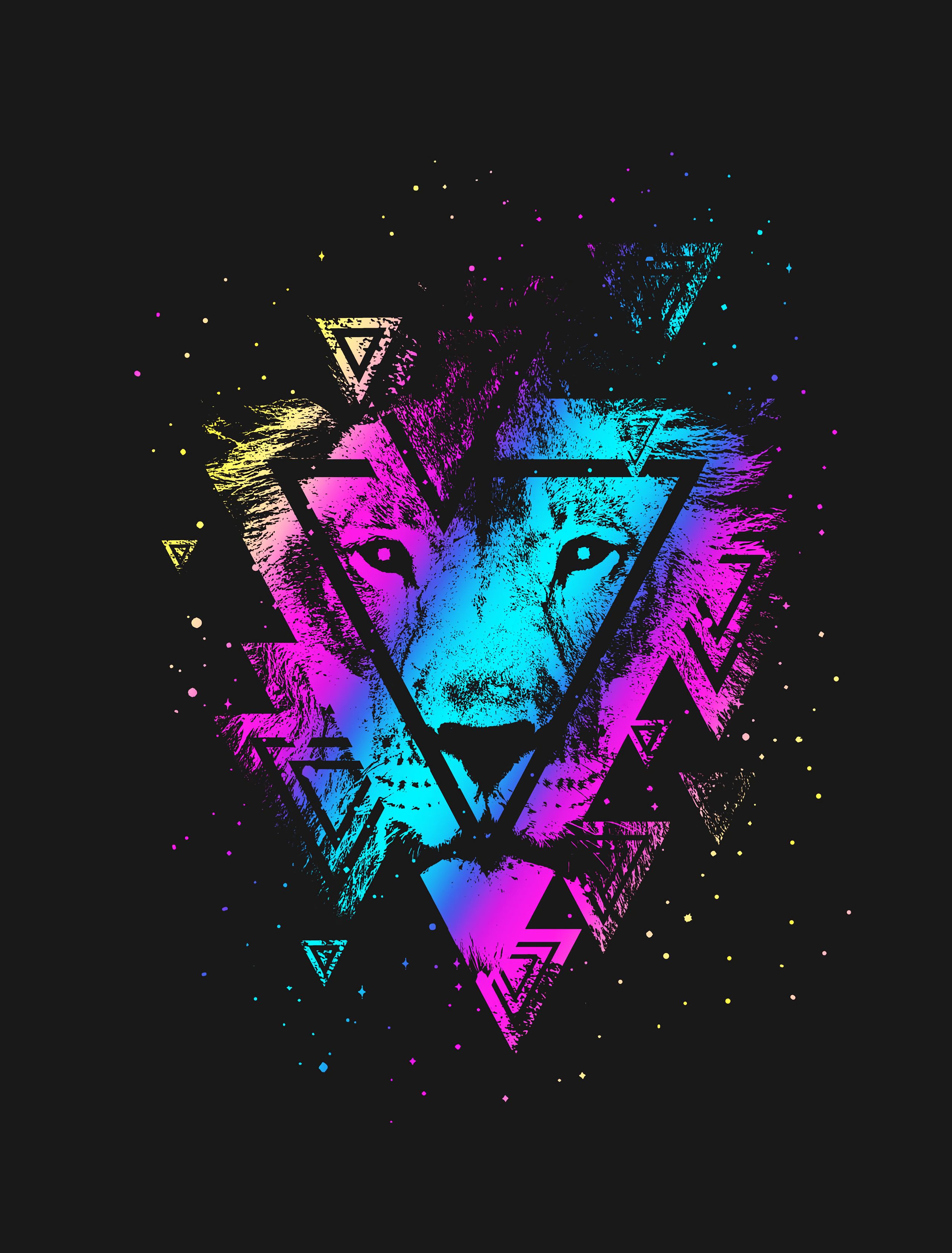 lion, art, triangle, muzzle, multicolored, motley