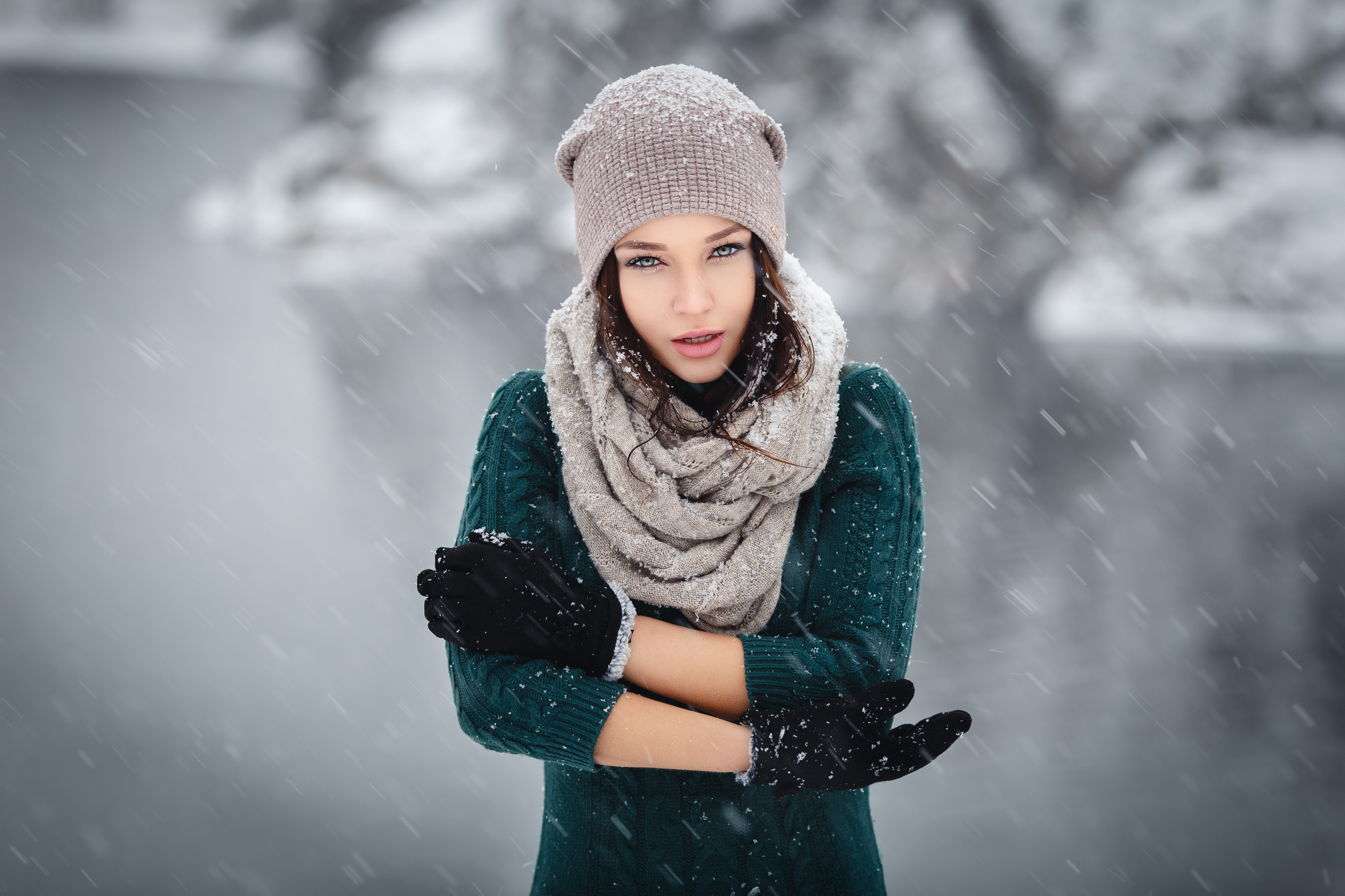 snowfall, women, angelina petrova, hat, model, scarf