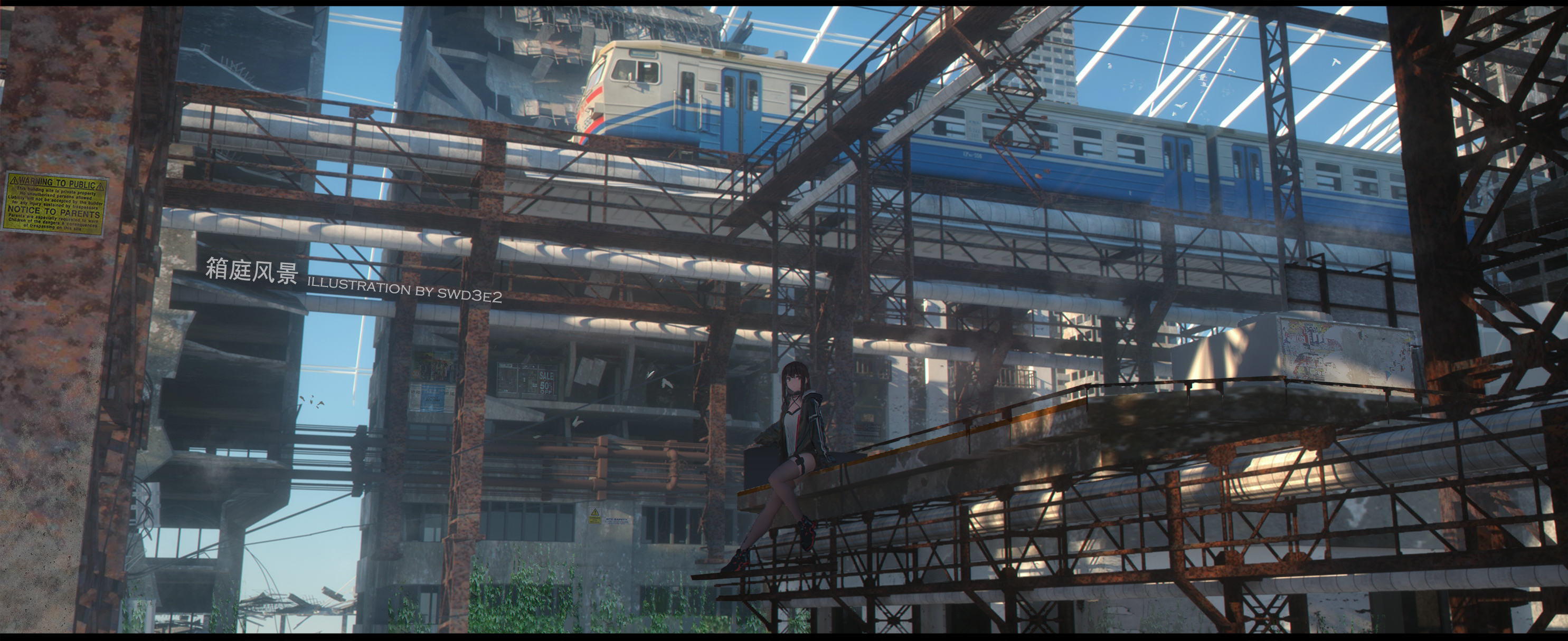 anime, original, black hair, construction, train HD wallpaper