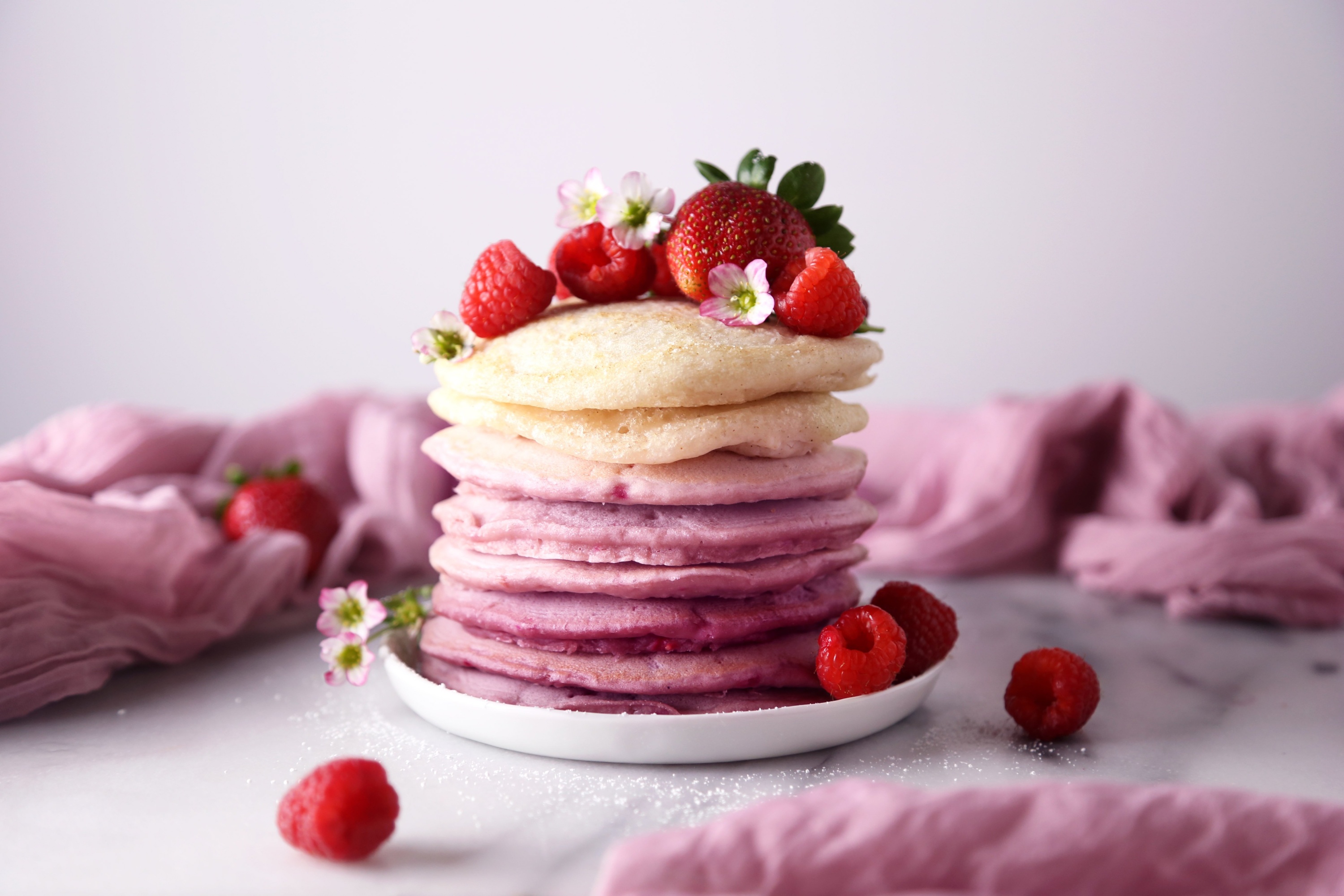 Download mobile wallpaper Food, Strawberry, Raspberry, Still Life, Berry, Breakfast, Pancake for free.