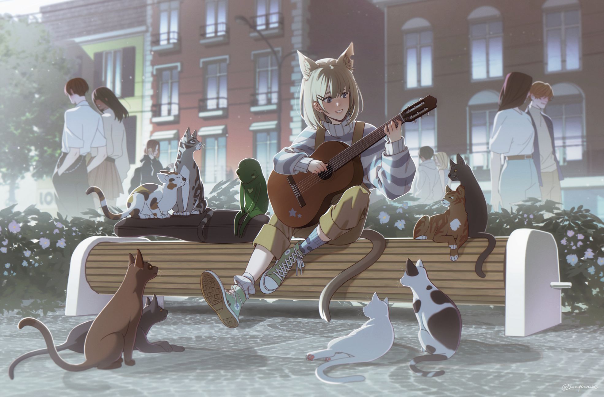 Download mobile wallpaper Anime, People, Cat, Sneakers, Guitar, Bench, Original, Animal Ears for free.