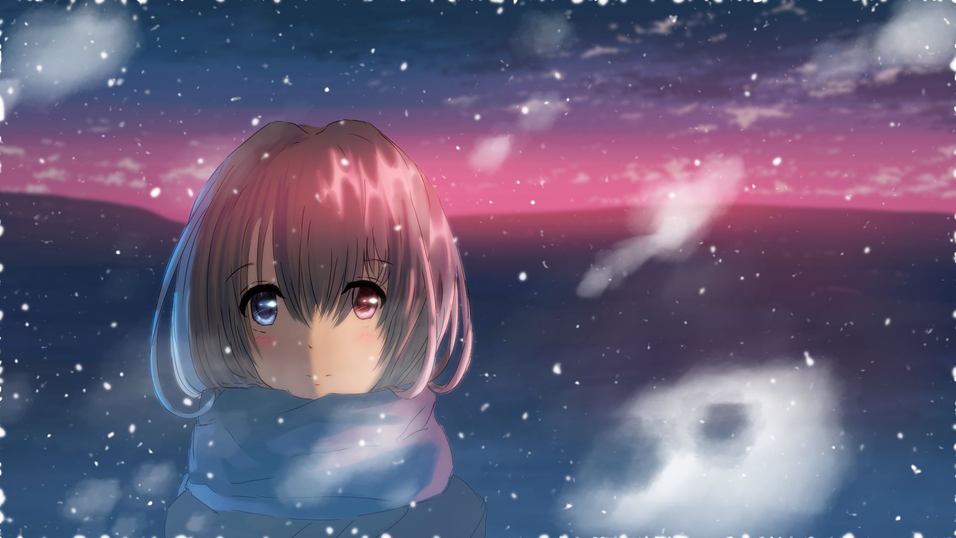 Download mobile wallpaper Anime, Snowfall, Scarf, Heterochromia, Original for free.