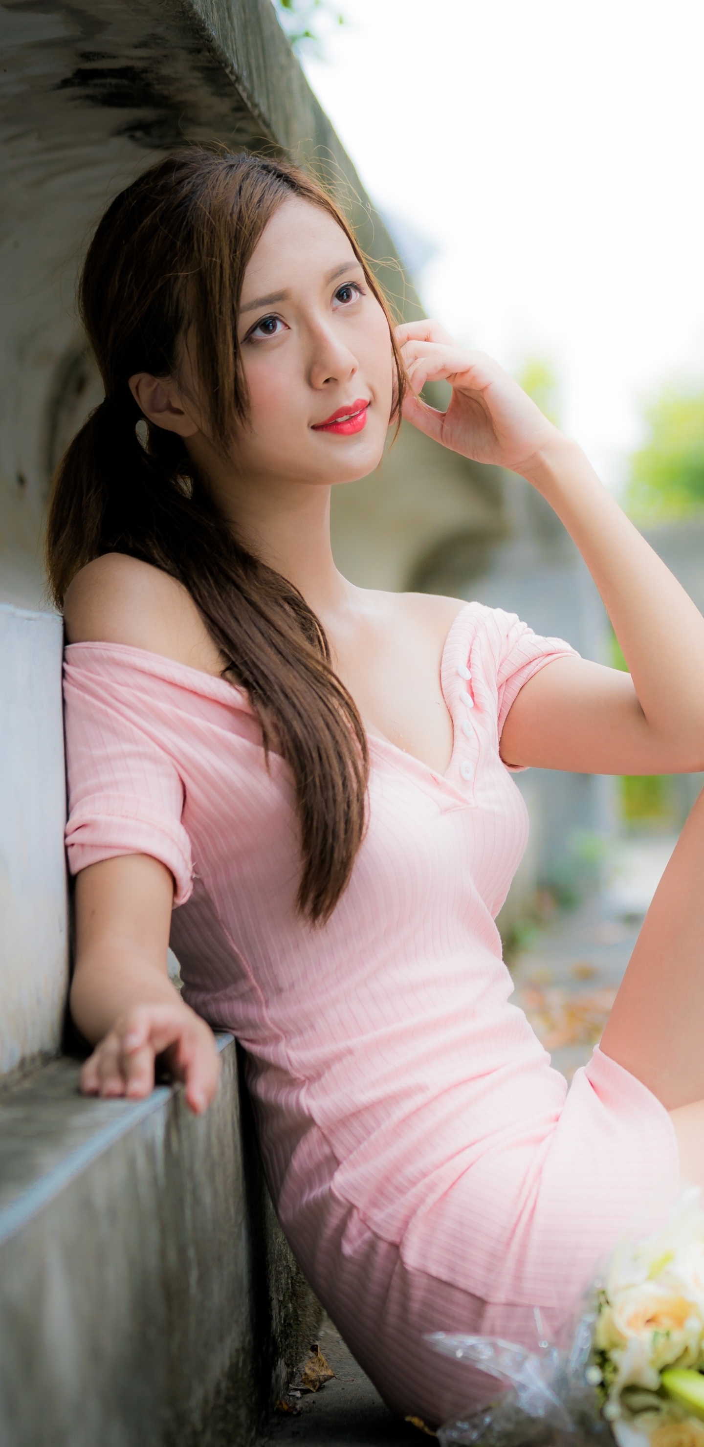 Download mobile wallpaper Brunette, Model, Women, Asian, Long Hair, Lipstick, Depth Of Field, Pink Dress for free.