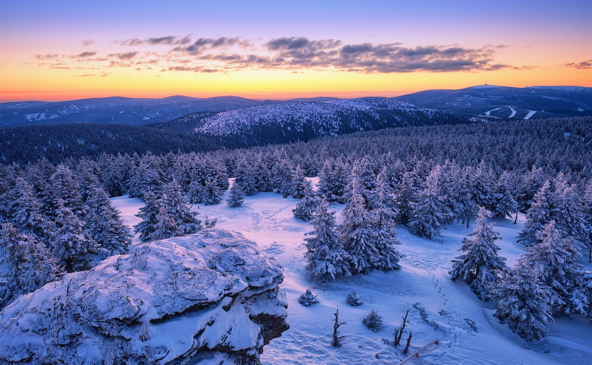 earth, landscape, czech republic, forest, mountain, snow, sunset, winter