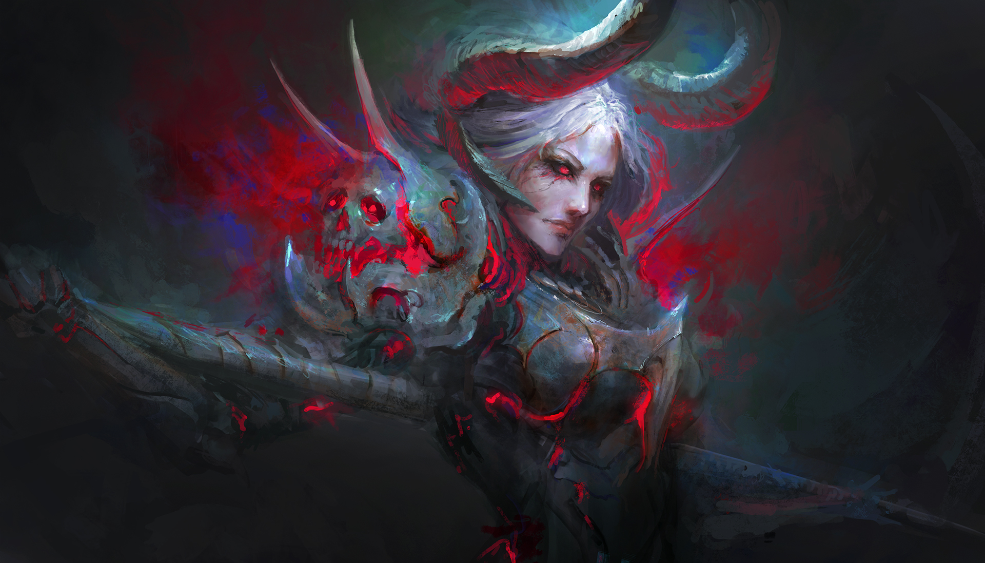 Free download wallpaper Fantasy, Horns, Demon, Armor, Red Eyes, White Hair, Woman Warrior on your PC desktop