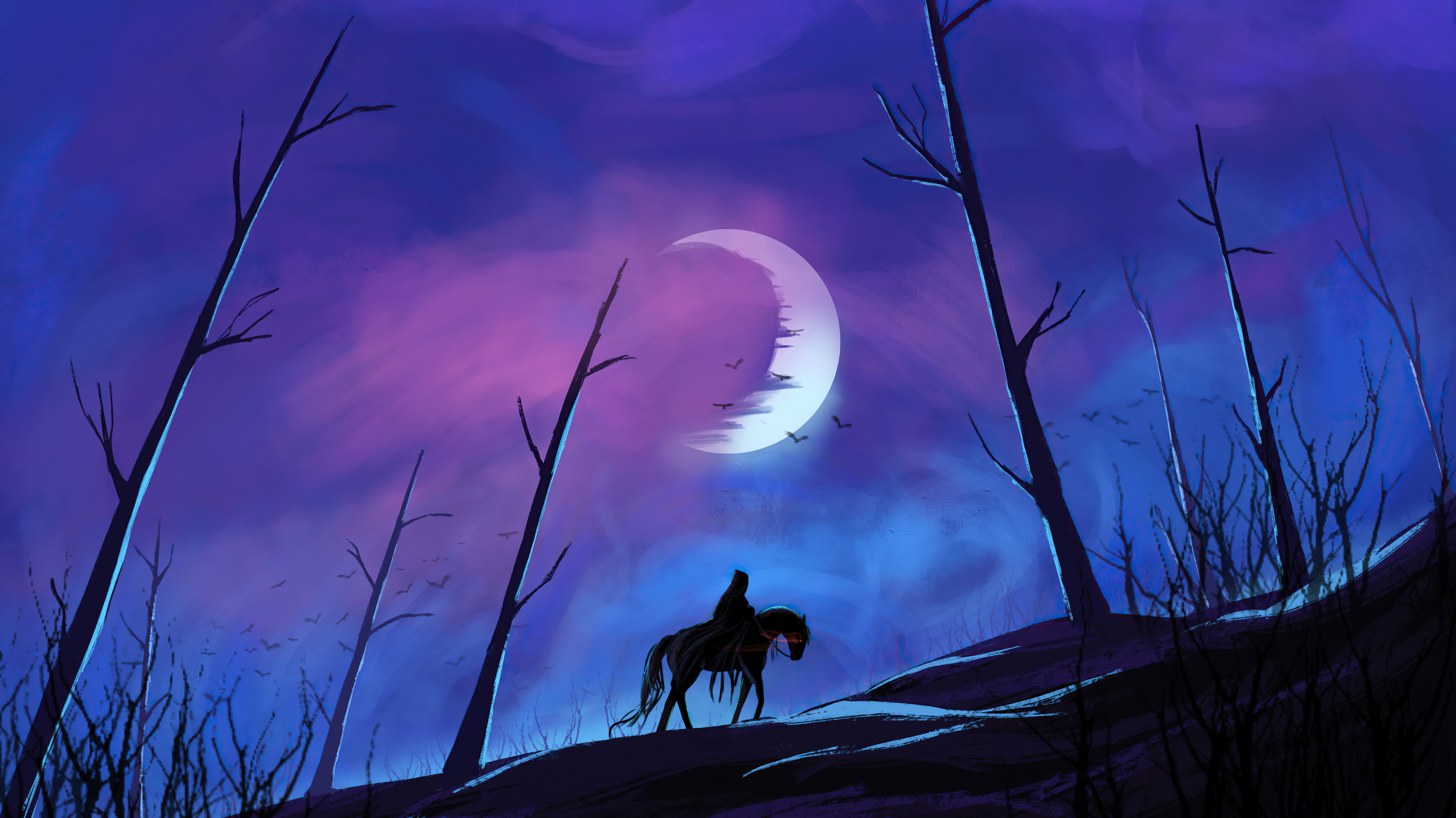 1012101 скачать картинку фэнтези, темный, полумесяц, лошадь, ночь, воин - обои и заставки бесплатно