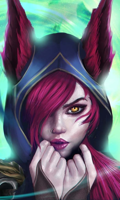 Download mobile wallpaper League Of Legends, Face, Yellow Eyes, Video Game, Lipstick, Purple Hair, Animal Ears, Xayah (League Of Legends) for free.