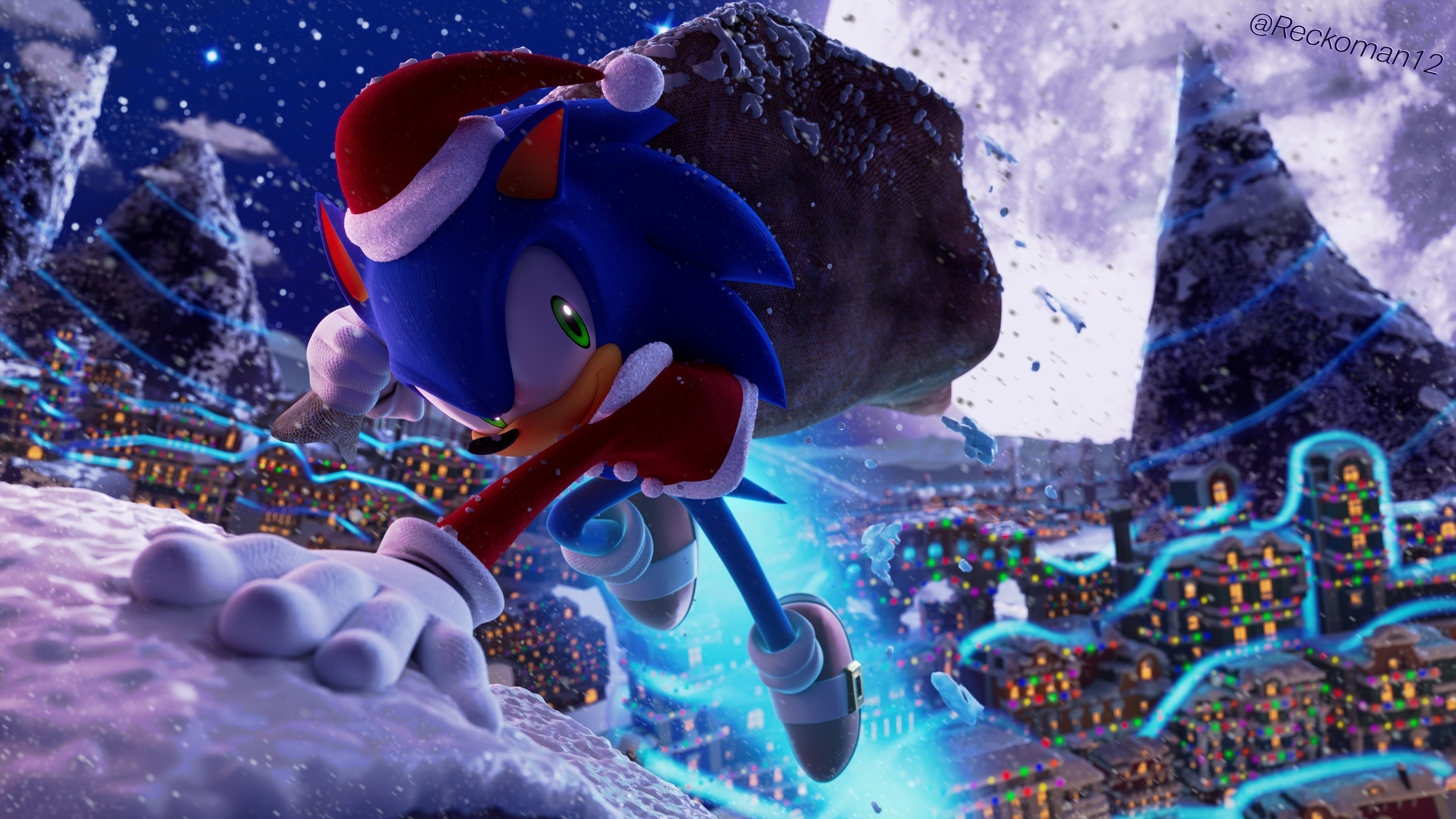 Download mobile wallpaper Snow, Christmas, Bag, Green Eyes, Video Game, Sonic The Hedgehog, Santa Hat, Sonic for free.