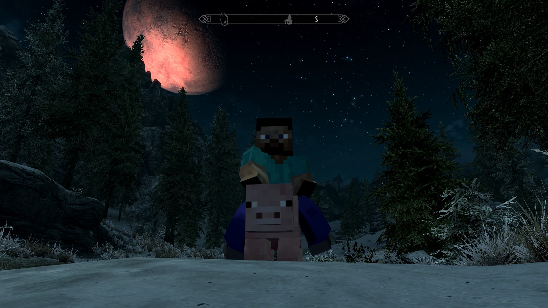 steve (minecraft), video game, minecraft, mojang, moon, night, pig