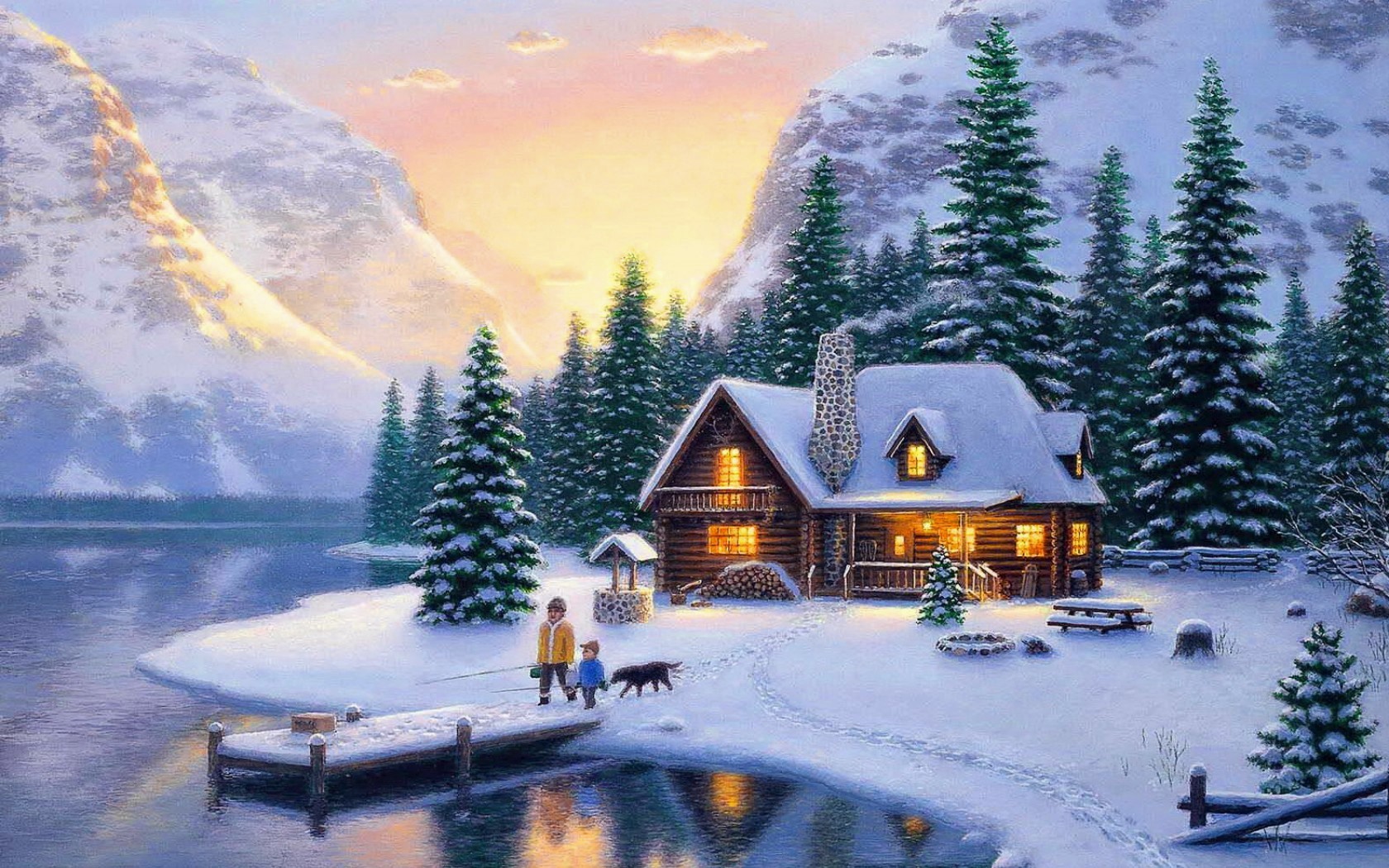 Download mobile wallpaper Winter, Snow, Mountain, Lake, Forest, Painting, Artistic, Fishing, Cabin for free.