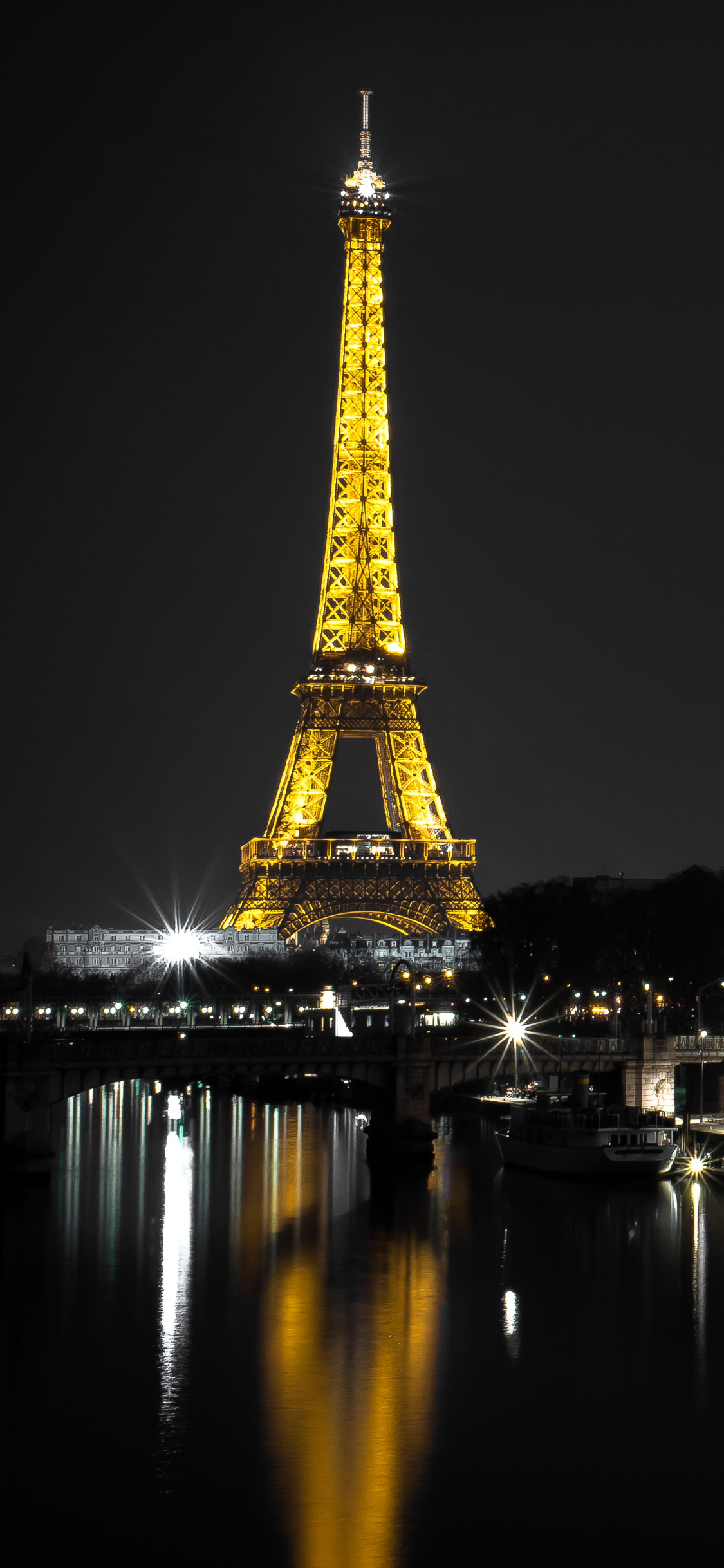 Download mobile wallpaper Night, Paris, Eiffel Tower, Monuments, Reflection, Light, France, Boat, River, Monument, Man Made for free.