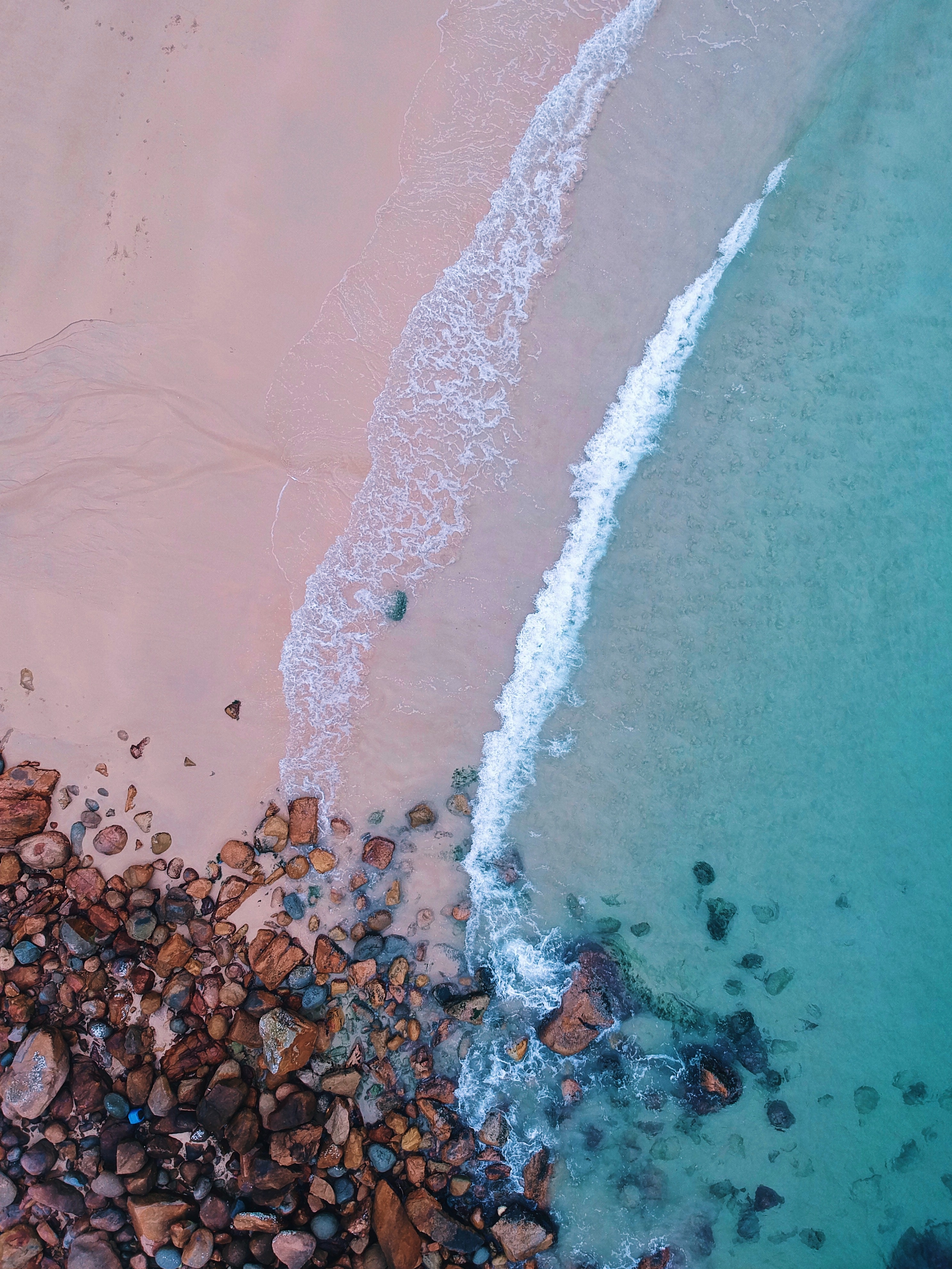 nature, beach, view from above, ocean, sand, surf, stones, foam