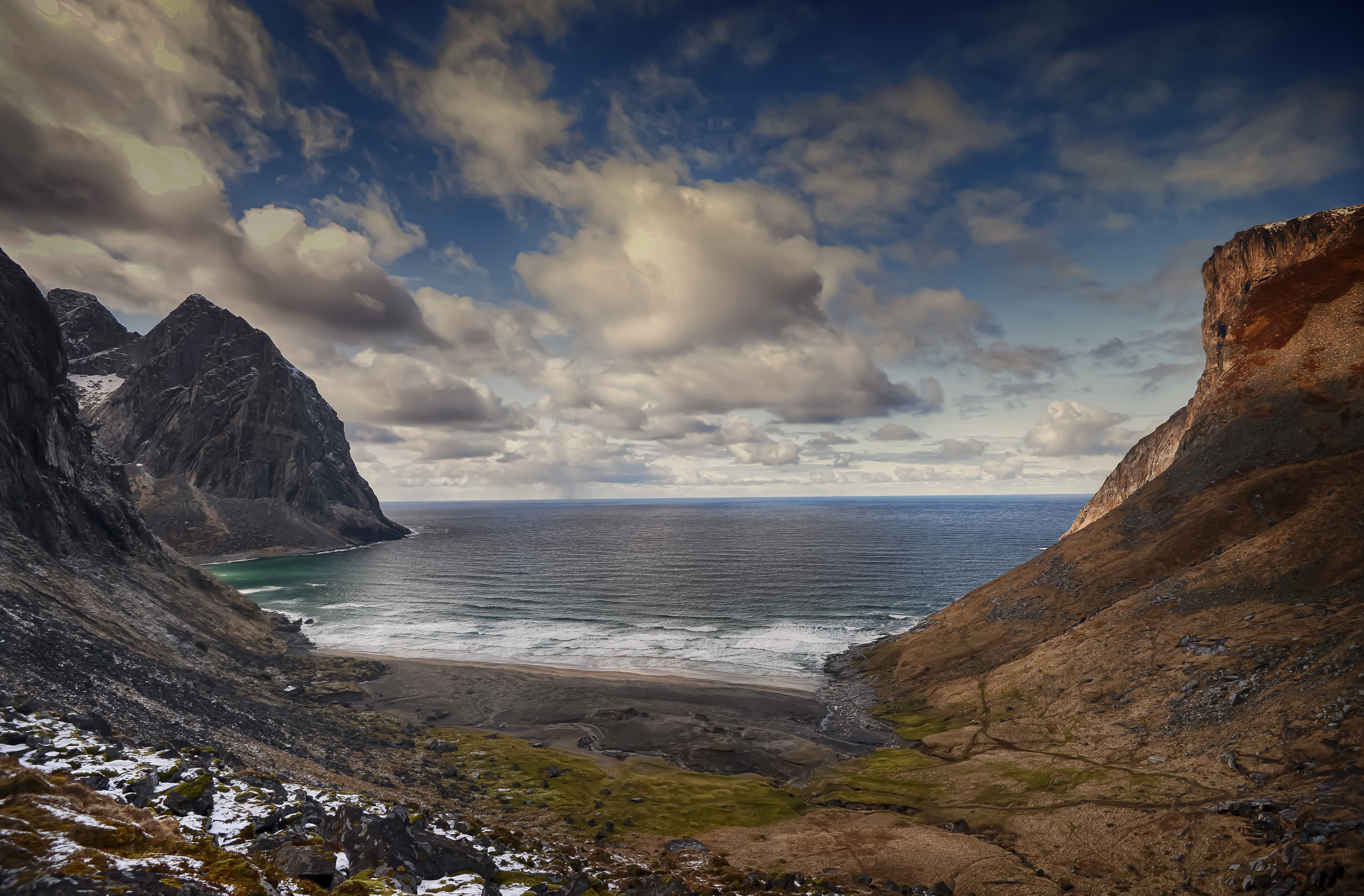 679404 descargar fondo de pantalla tierra/naturaleza, orilla del mar, kvalvíka, islas lofoten, noruega, mar, paisaje marino: protectores de pantalla e imágenes gratis