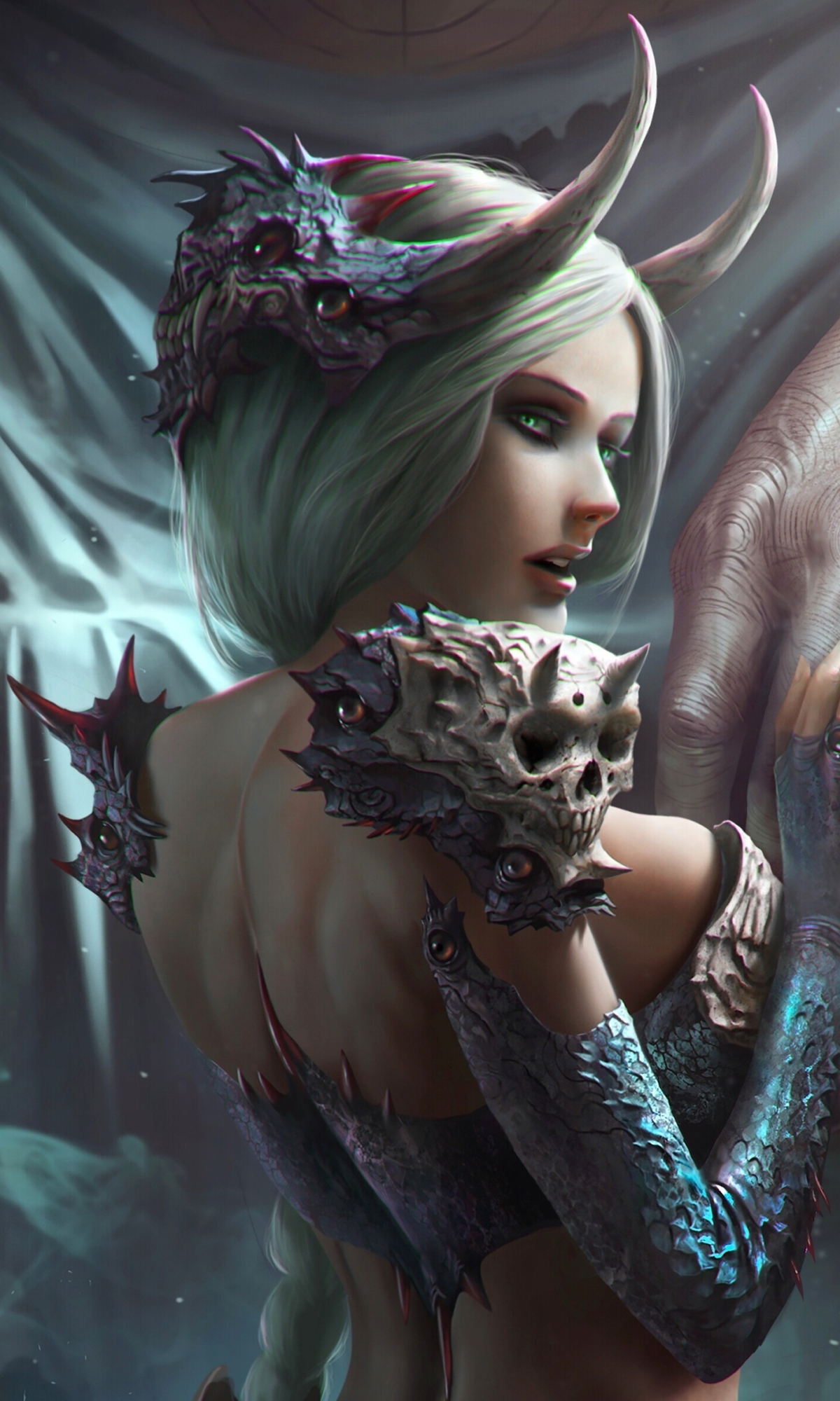 Download mobile wallpaper Fantasy, Hand, Horns, Demon, Women for free.