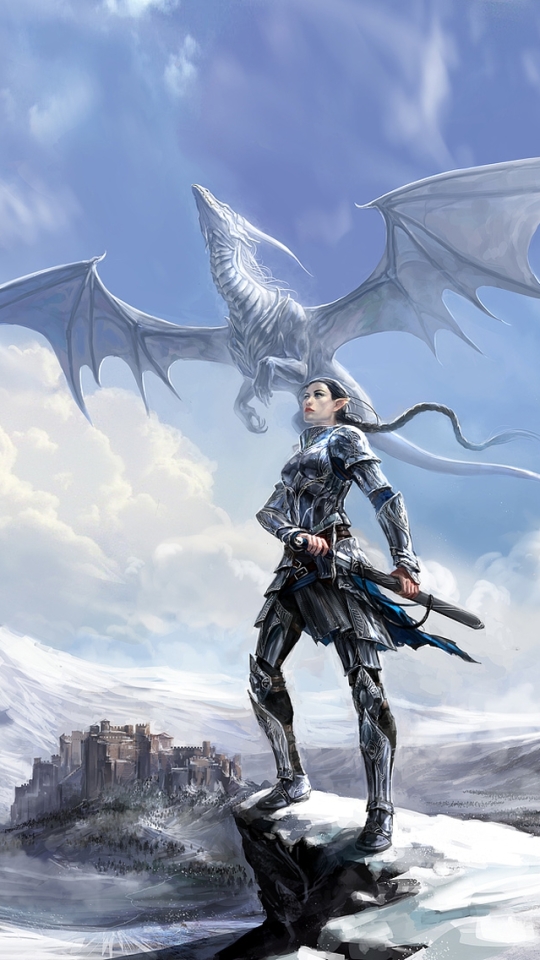 Download mobile wallpaper Winter, Fantasy, Dragon, Elf, Armor, Sword, Castle, Woman Warrior for free.