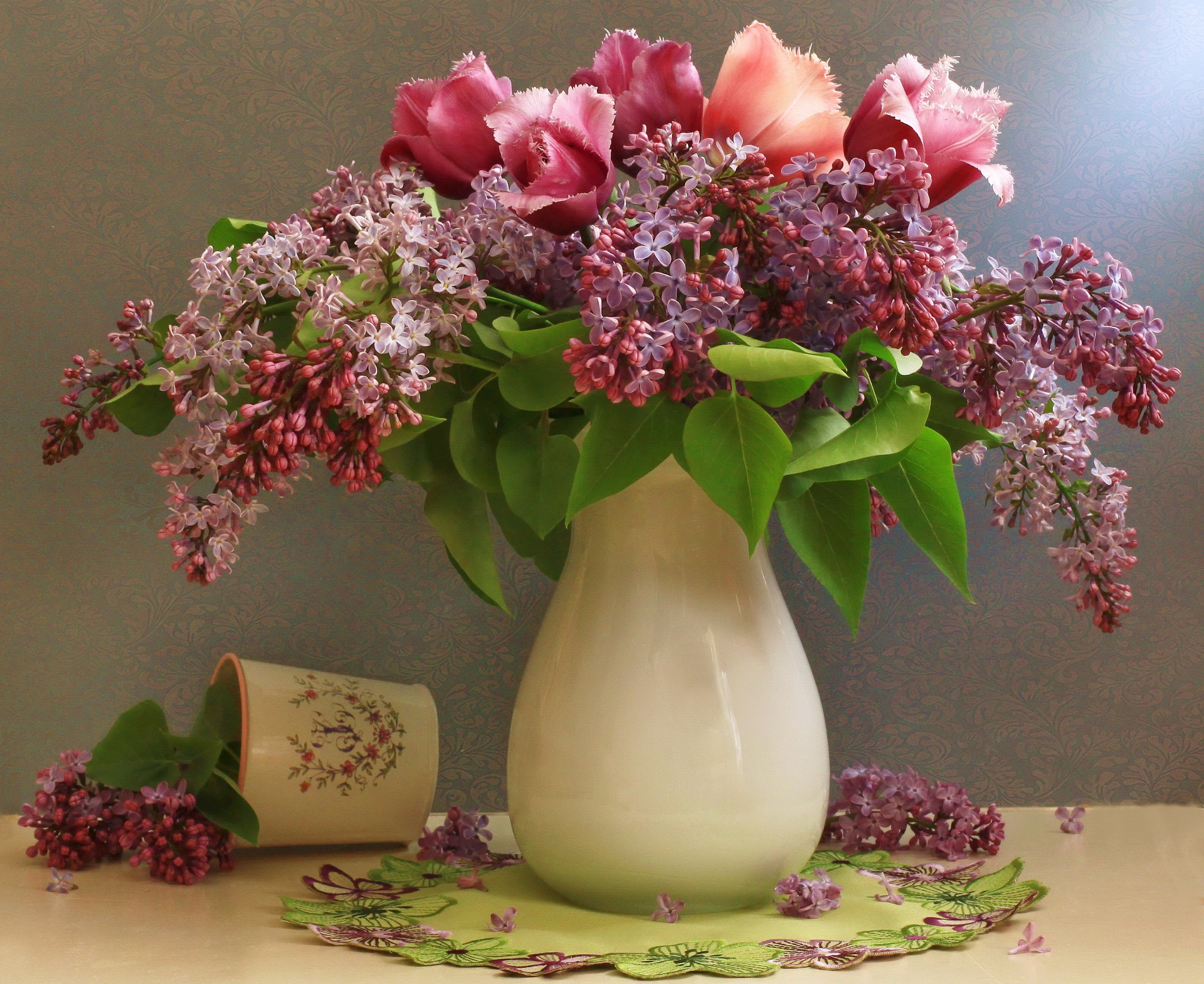 Download mobile wallpaper Lilac, Flower, Vase, Tulip, Purple Flower, Man Made, Pink Flower for free.