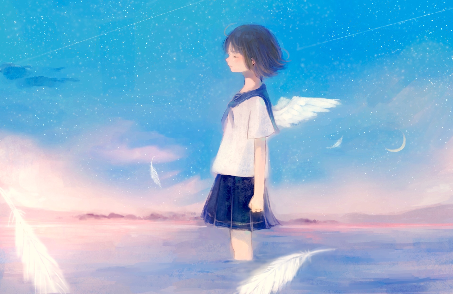 Laden Sie das Wasser, Engel, Flügel, Himmel, Animes, Schwarzes Haar, Kurzes Haar-Bild kostenlos auf Ihren PC-Desktop herunter