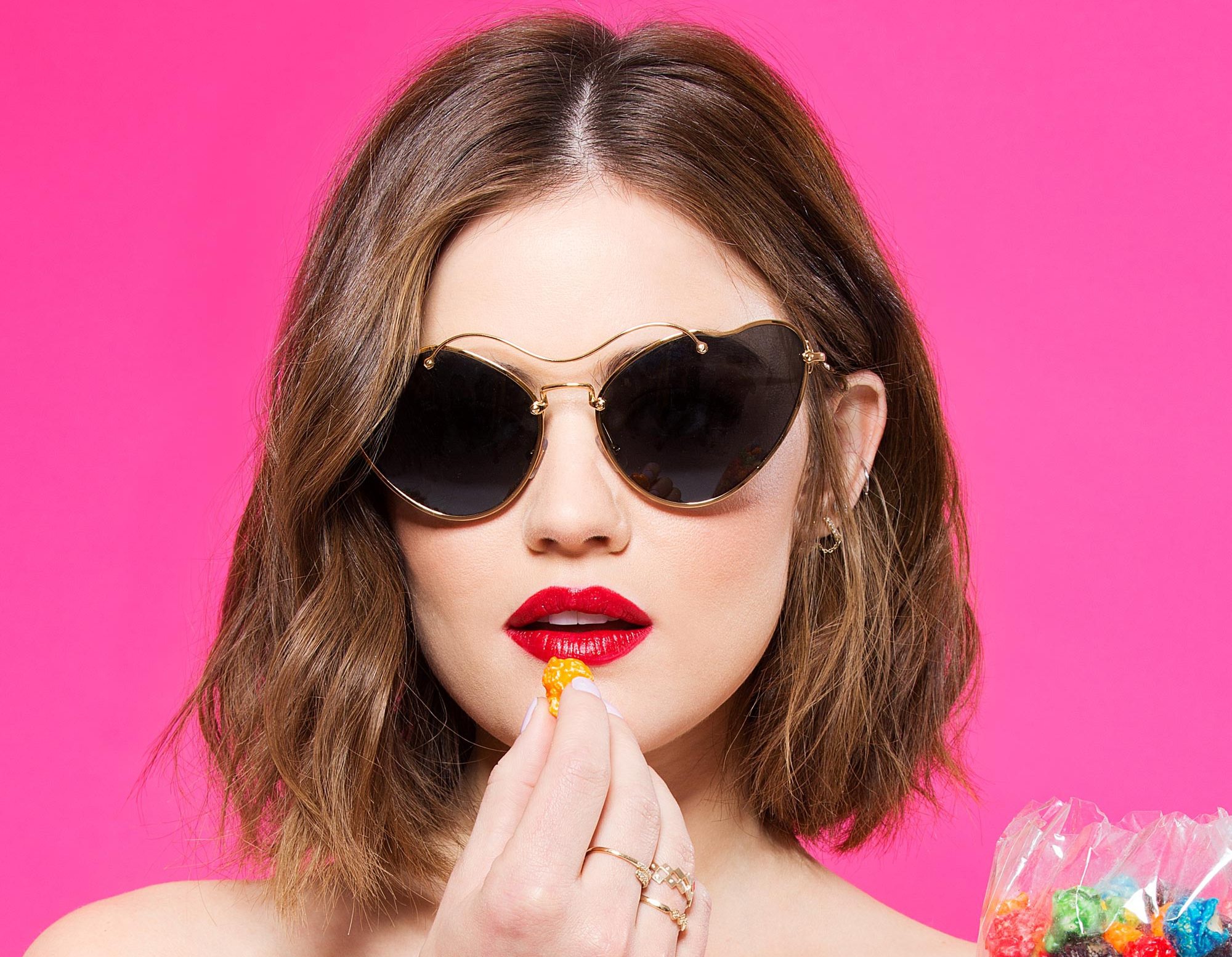 Download mobile wallpaper Face, Brunette, Sunglasses, American, Celebrity, Actress, Lipstick, Lucy Hale for free.