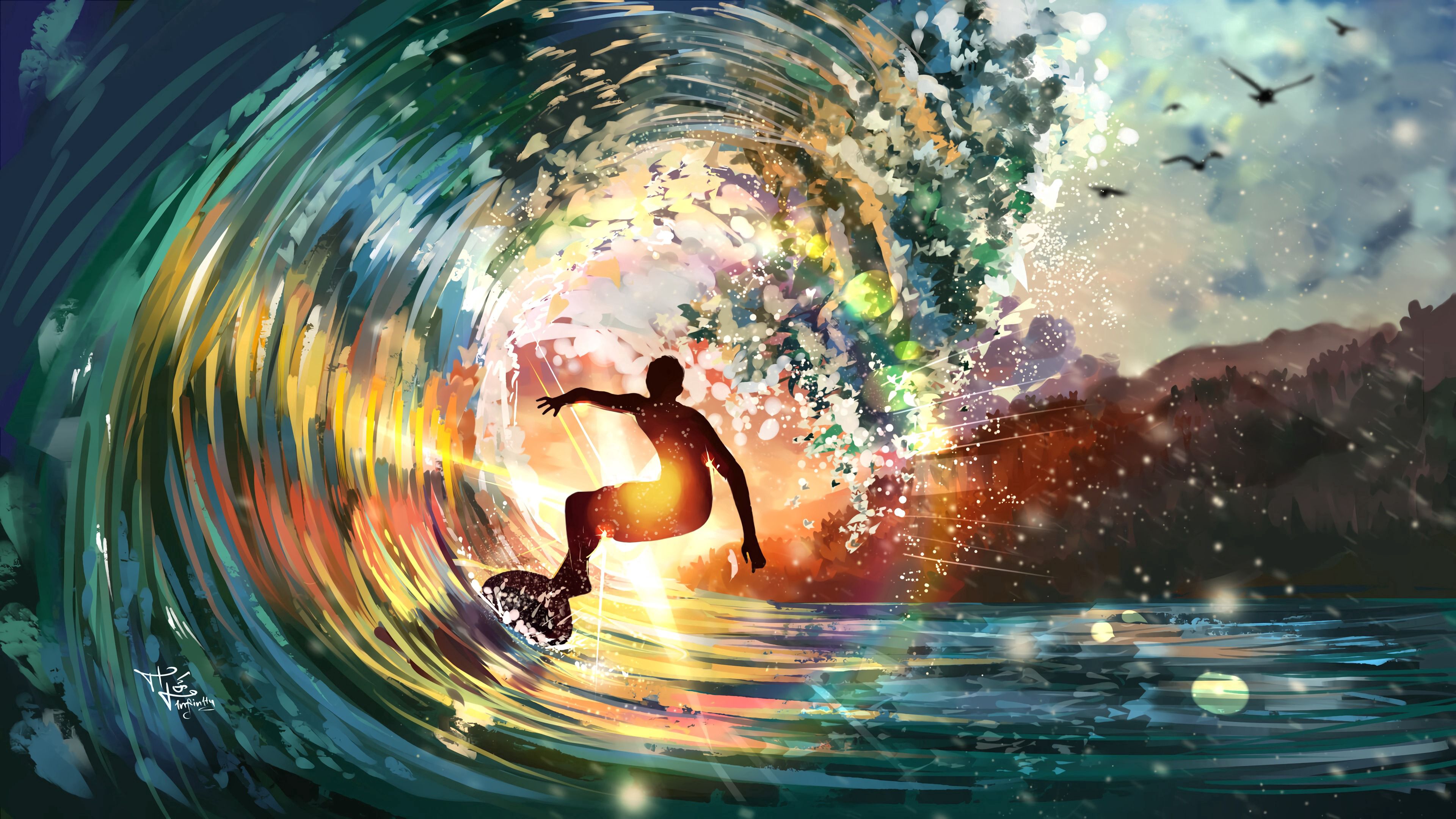 Free download wallpaper Art, Sun, Bright, Surfer, Wave on your PC desktop