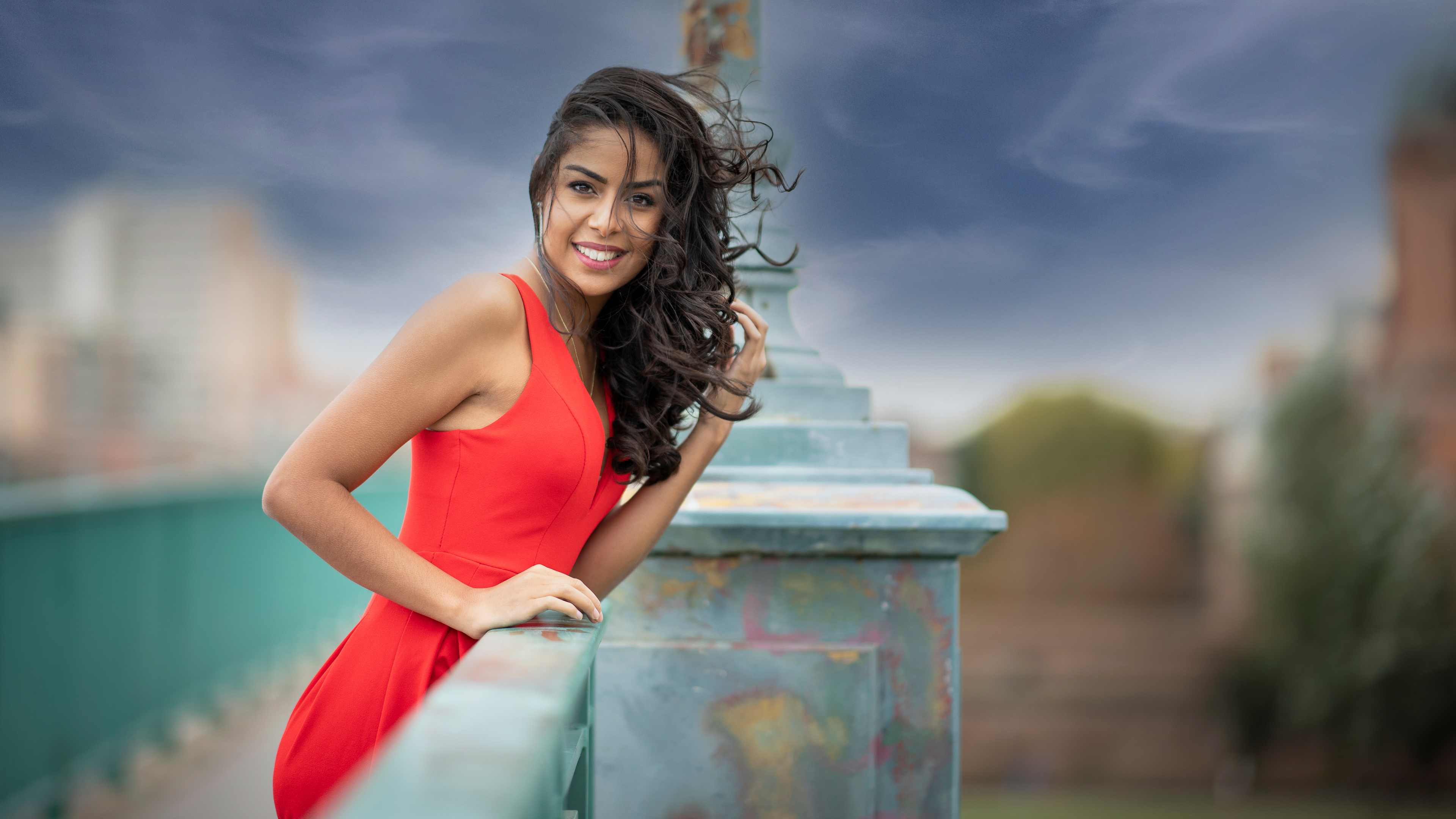 Download mobile wallpaper Smile, Brunette, Model, Women, Red Dress, Depth Of Field for free.