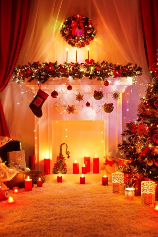 Handy-Wallpaper Feiertage, Weihnachten, Geschenk, Weihnachtsschmuck, Weihnachtsbaum, Kerze, Kamin, Weihnachtsbeleuchtung kostenlos herunterladen.