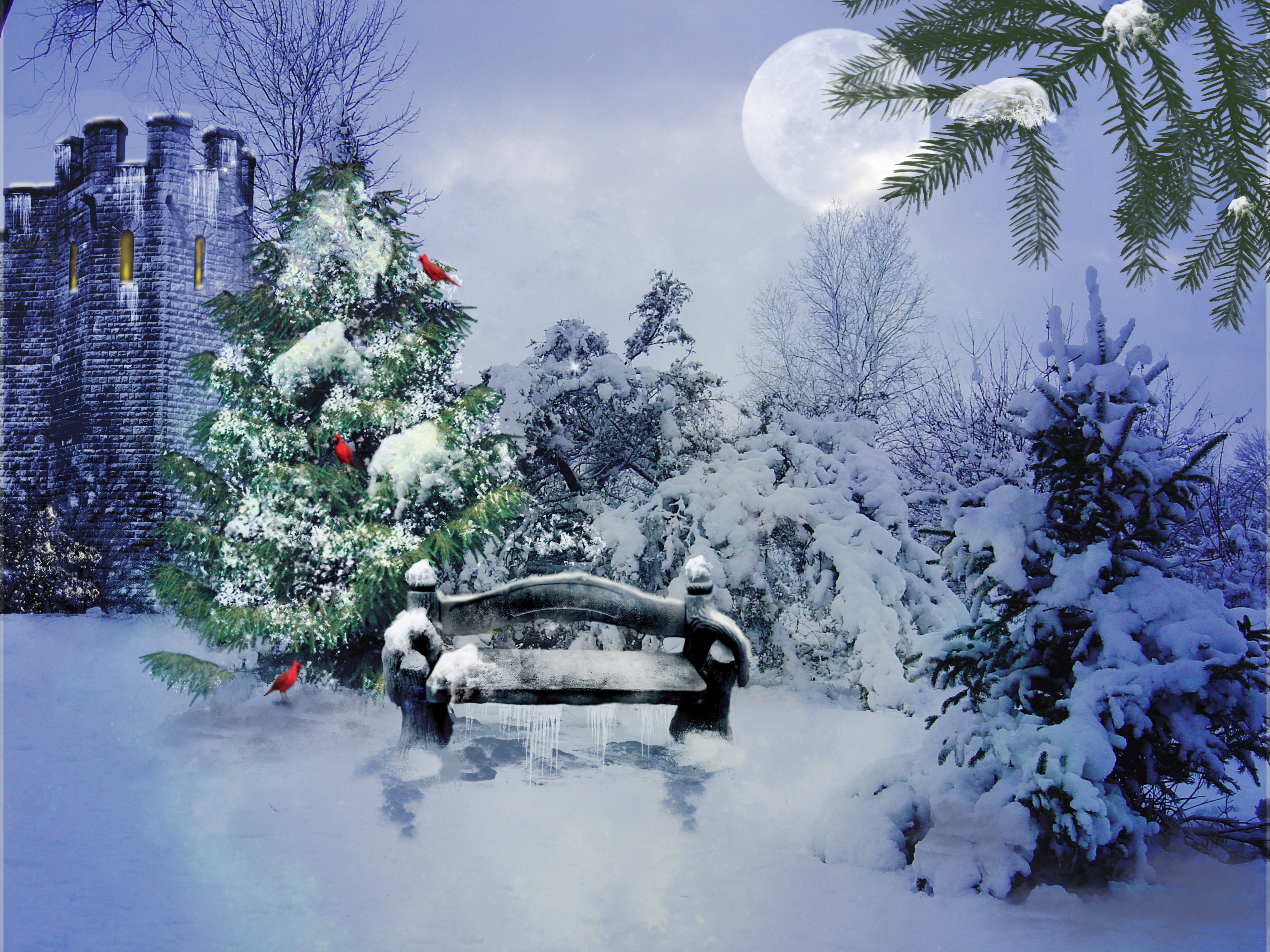 Free download wallpaper Winter, Snow, Building, Park, Tree, Bench, Artistic, Cardinal on your PC desktop