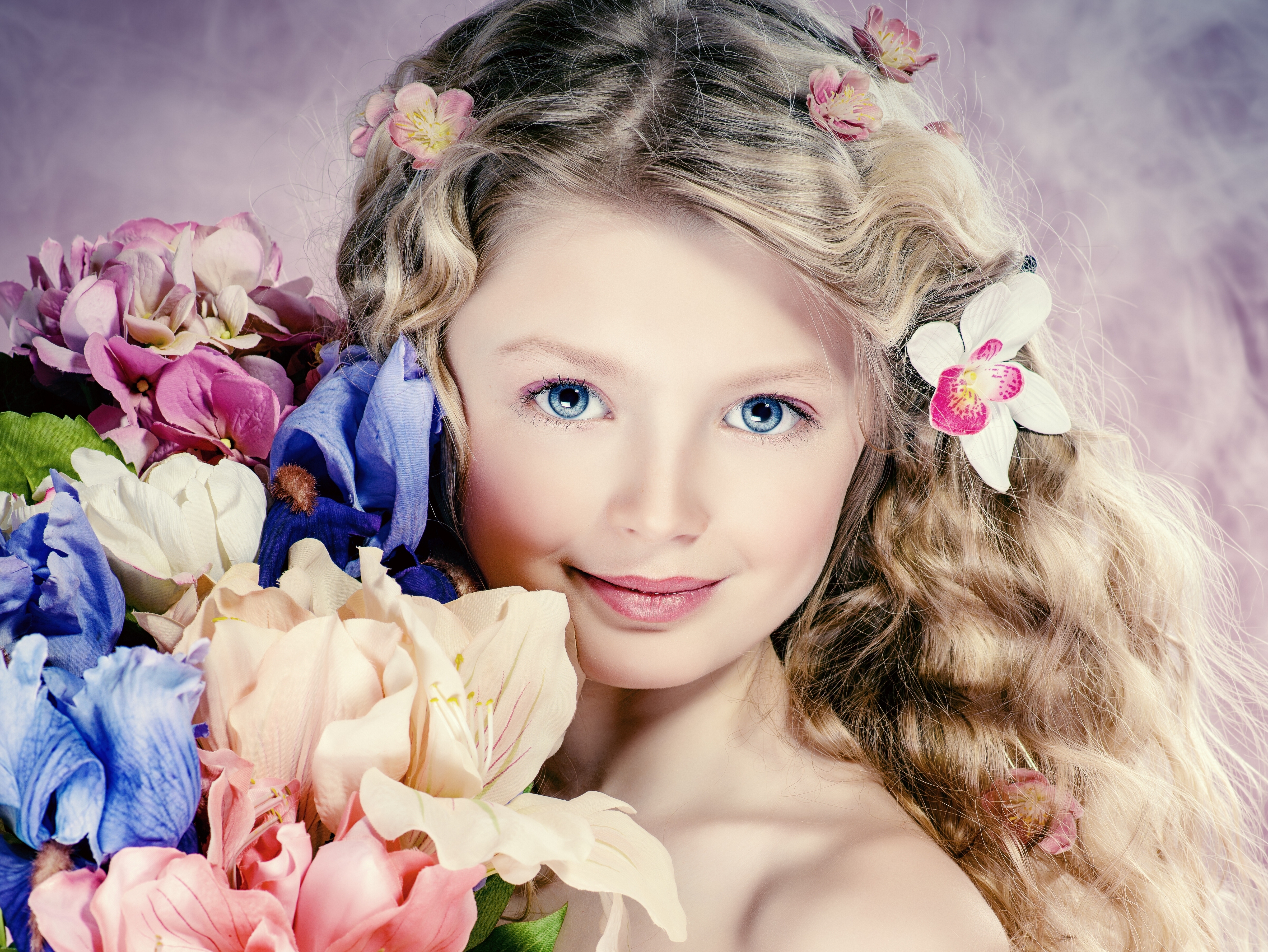 Free download wallpaper Flower, Portrait, Hair, Child, Photography, Blue Eyes on your PC desktop