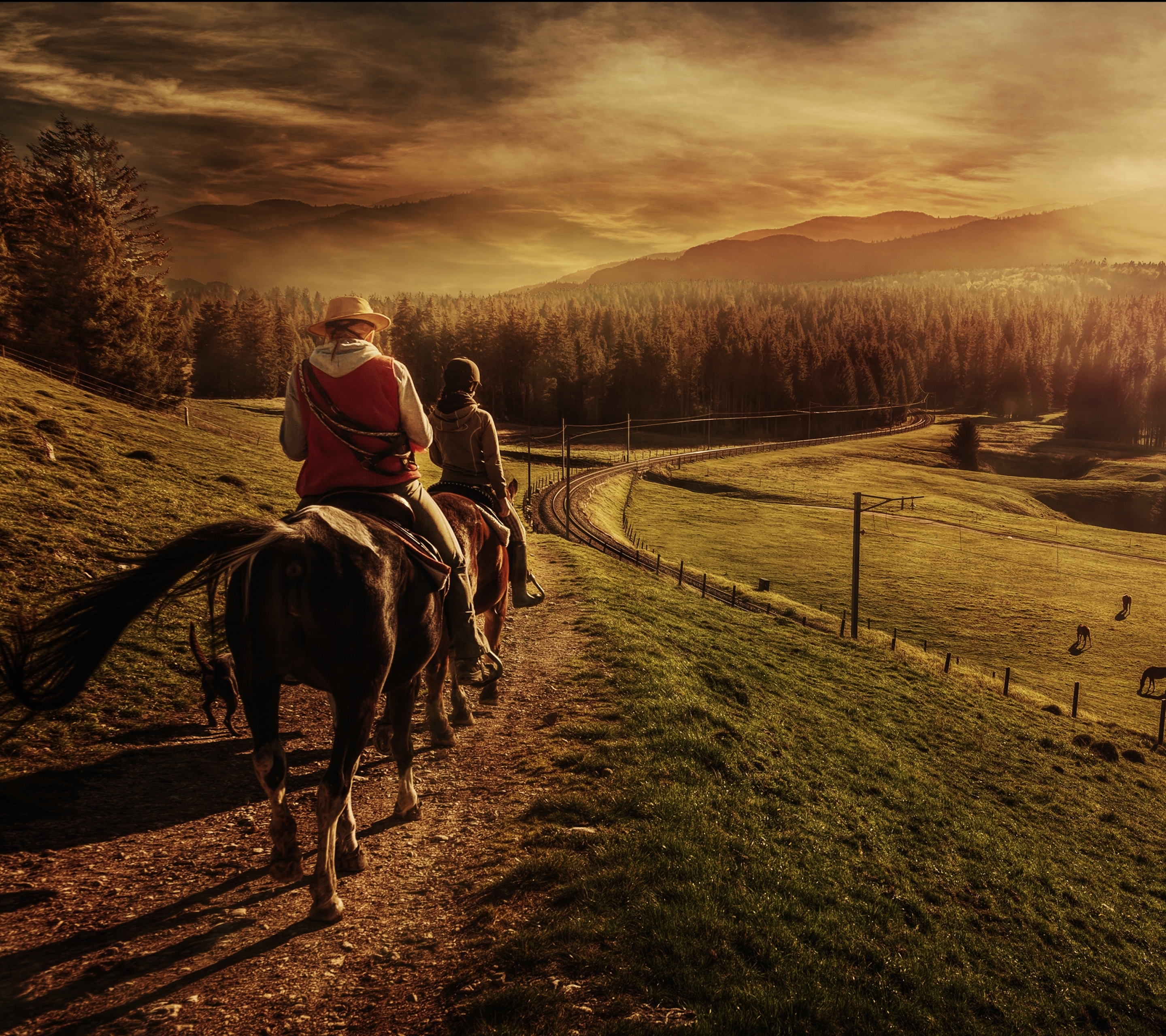 1209422 Bild herunterladen fotografie, pferde reiten, menschen, personen, sonnenuntergang, landschaft, pferd, hauspferd - Hintergrundbilder und Bildschirmschoner kostenlos