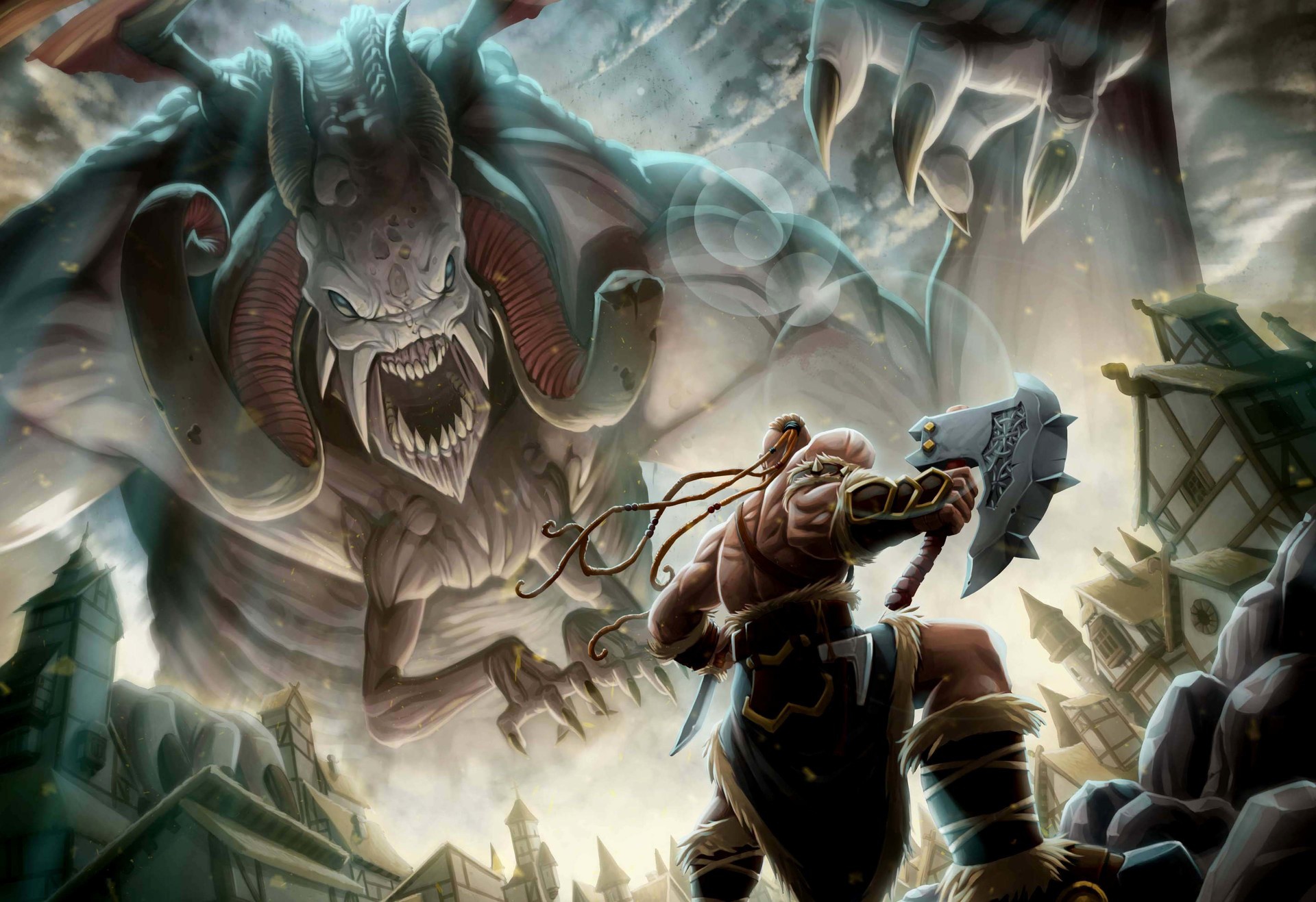 Free download wallpaper Fantasy, Warrior, Monster, Axe on your PC desktop