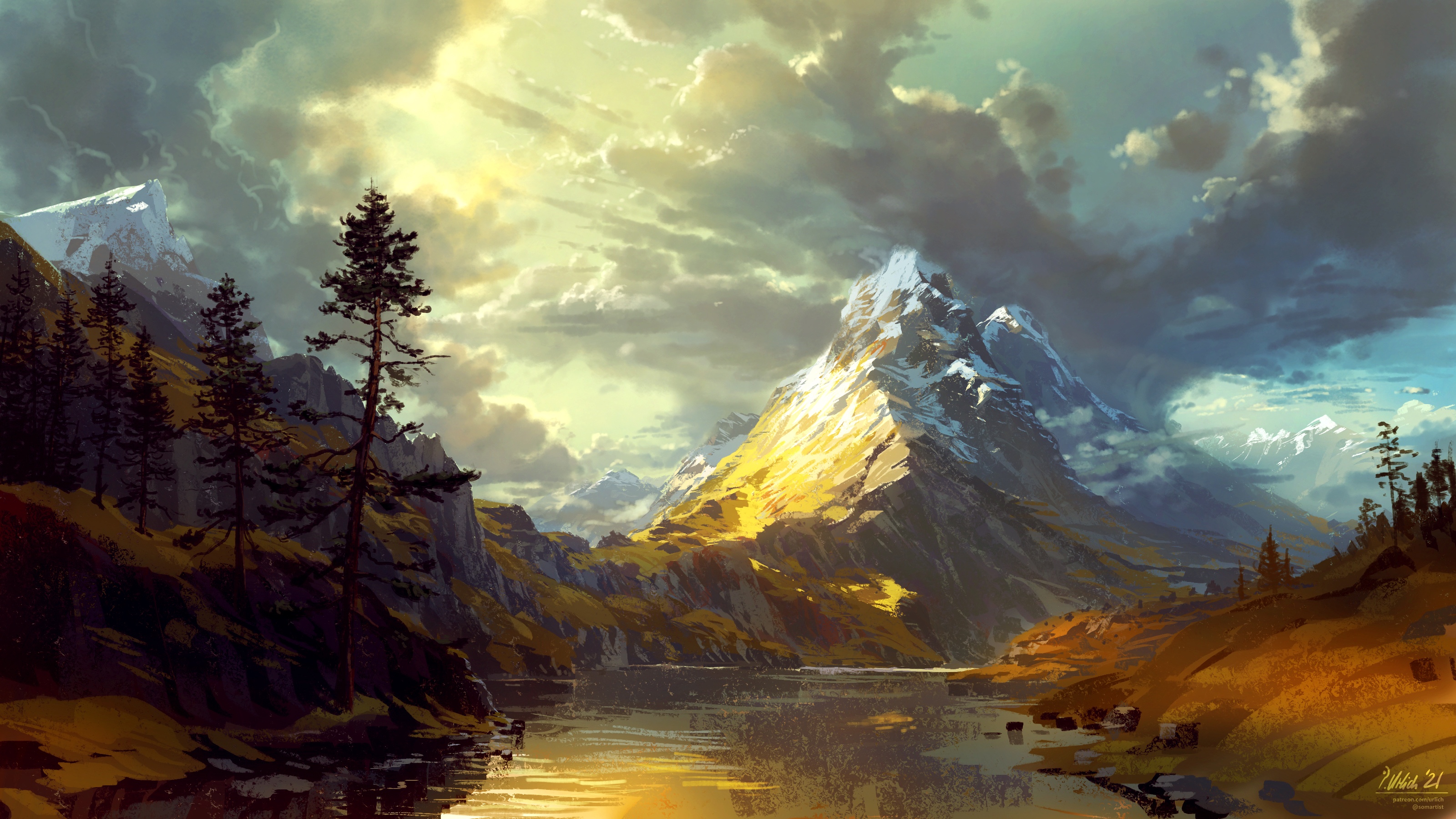Laden Sie das Landschaft, Fluss, Gebirge, Künstlerisch-Bild kostenlos auf Ihren PC-Desktop herunter