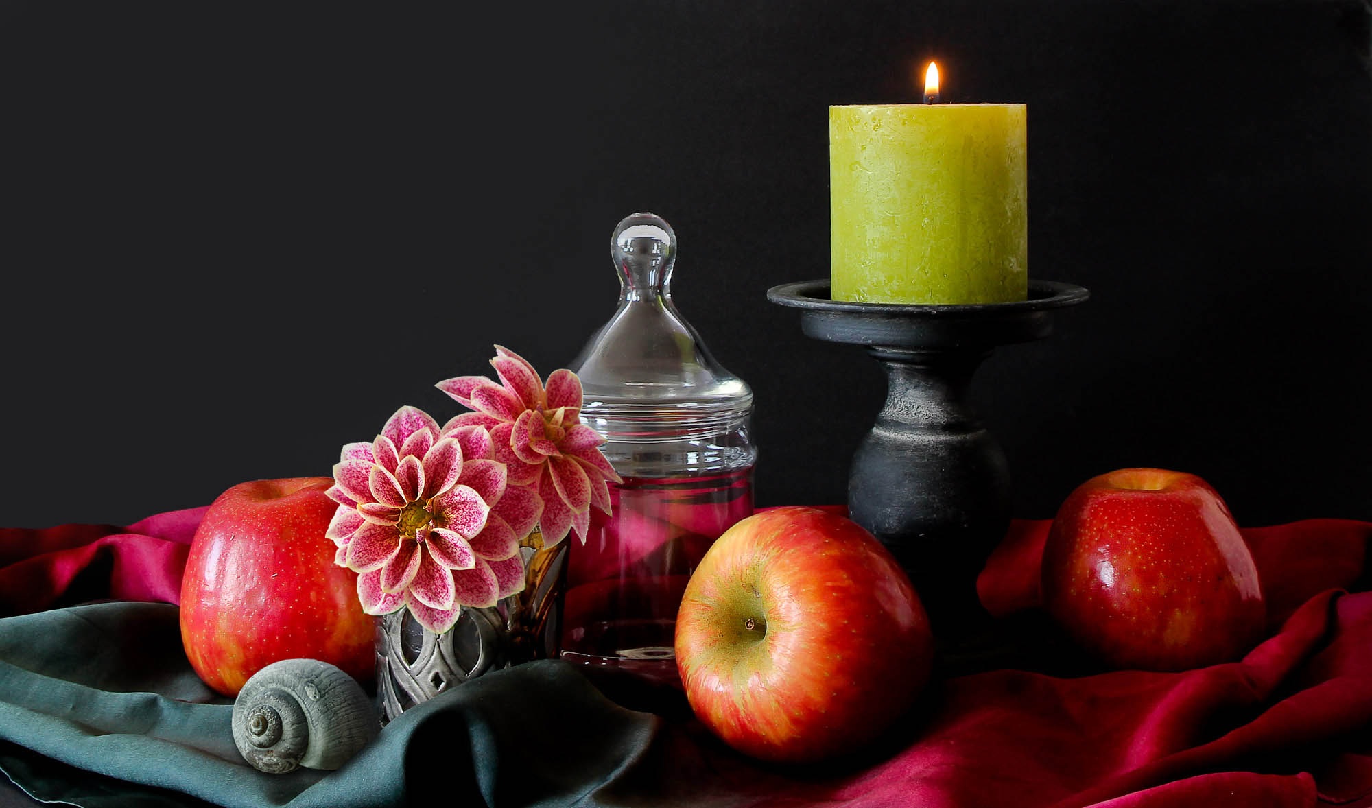 Download mobile wallpaper Apple, Still Life, Flower, Candle, Photography for free.