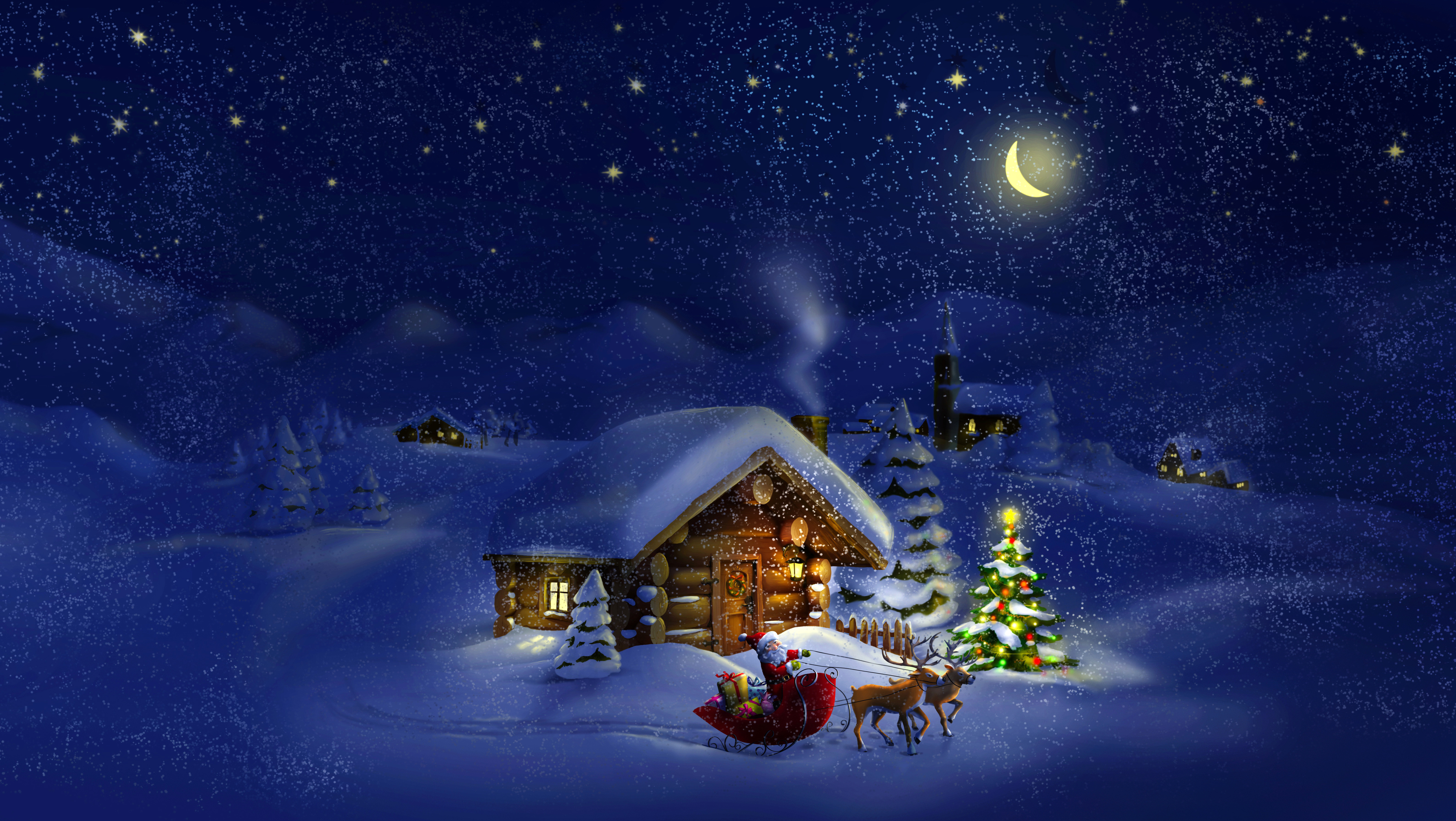 803286 baixar papel de parede papai noel, rena, natal, noite, neve, árvore de natal, feriados, cabana, trenó, queda de neve - protetores de tela e imagens gratuitamente