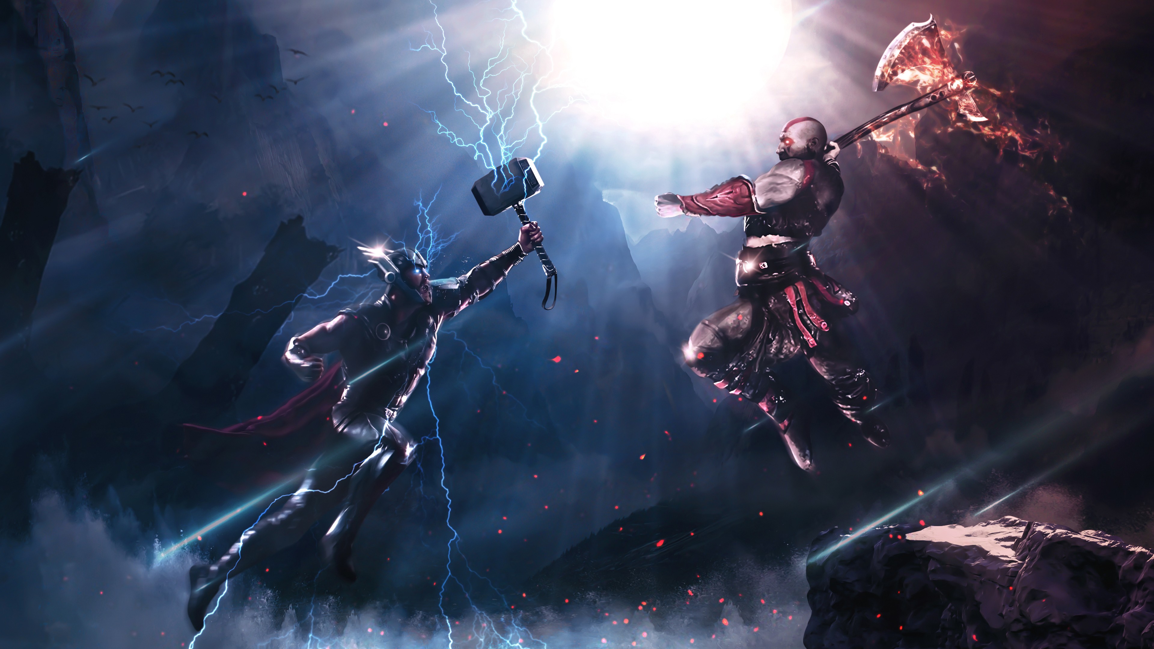Free download wallpaper Fantasy, Warrior, Fight, Crossover, Video Game, Kratos (God Of War), Thor on your PC desktop