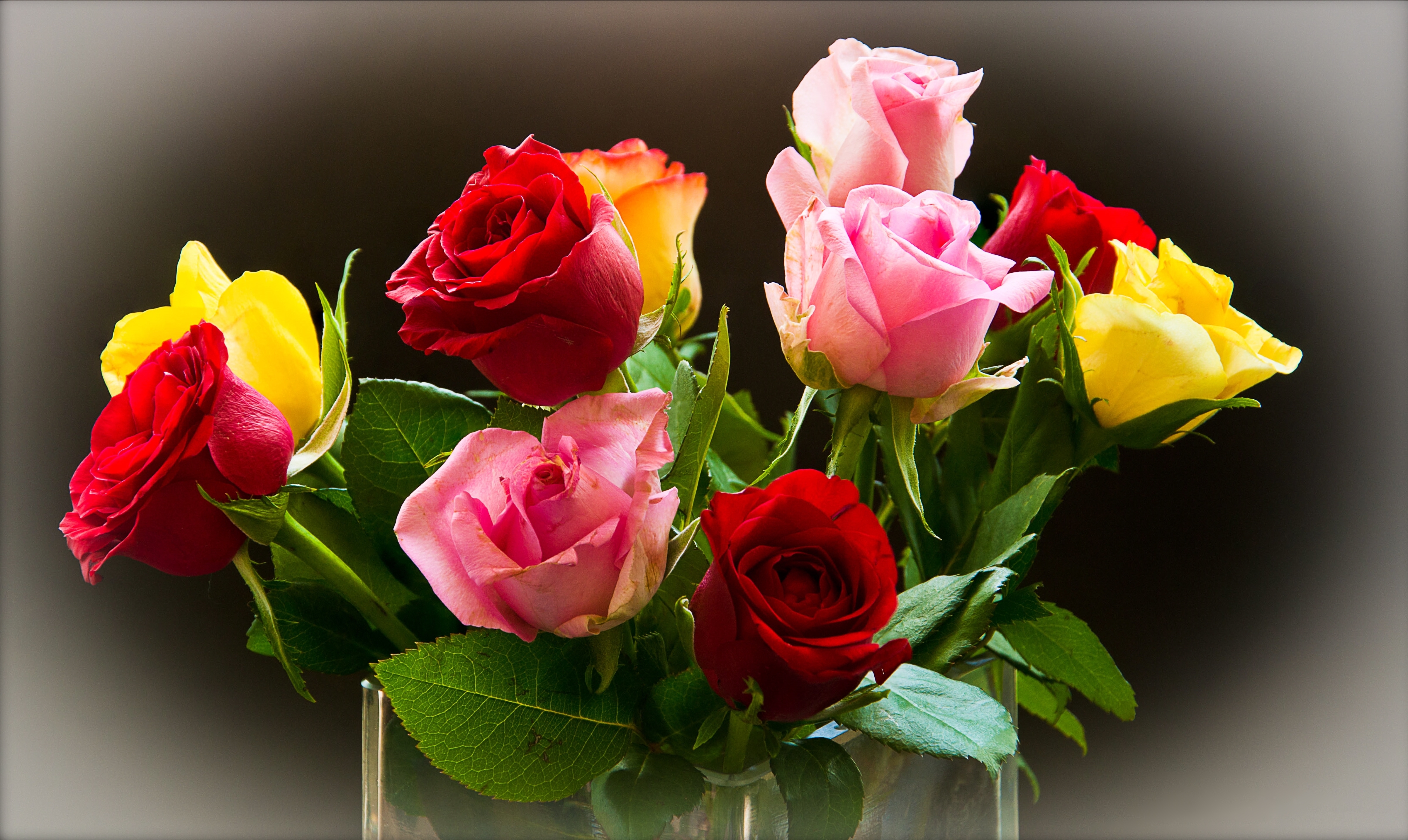 Завантажити шпалери безкоштовно Квітка, Роза, Ваза, Жовта Квітка, Кольори, Червона Квітка, Створено Людиною, Впритул, Рожева Квітка картинка на робочий стіл ПК