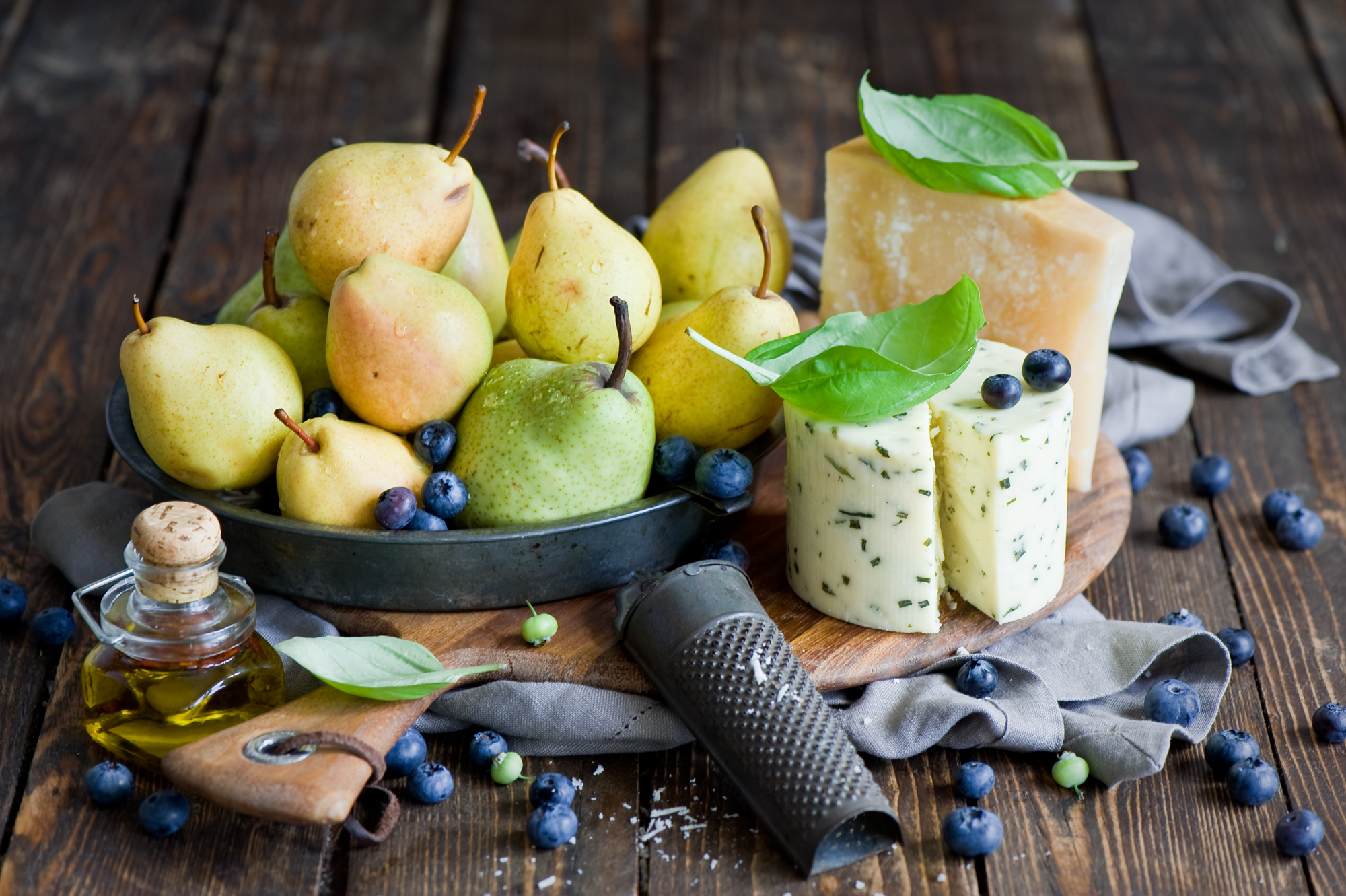 still life, food, pears, cheese, blueberry, berries Full HD