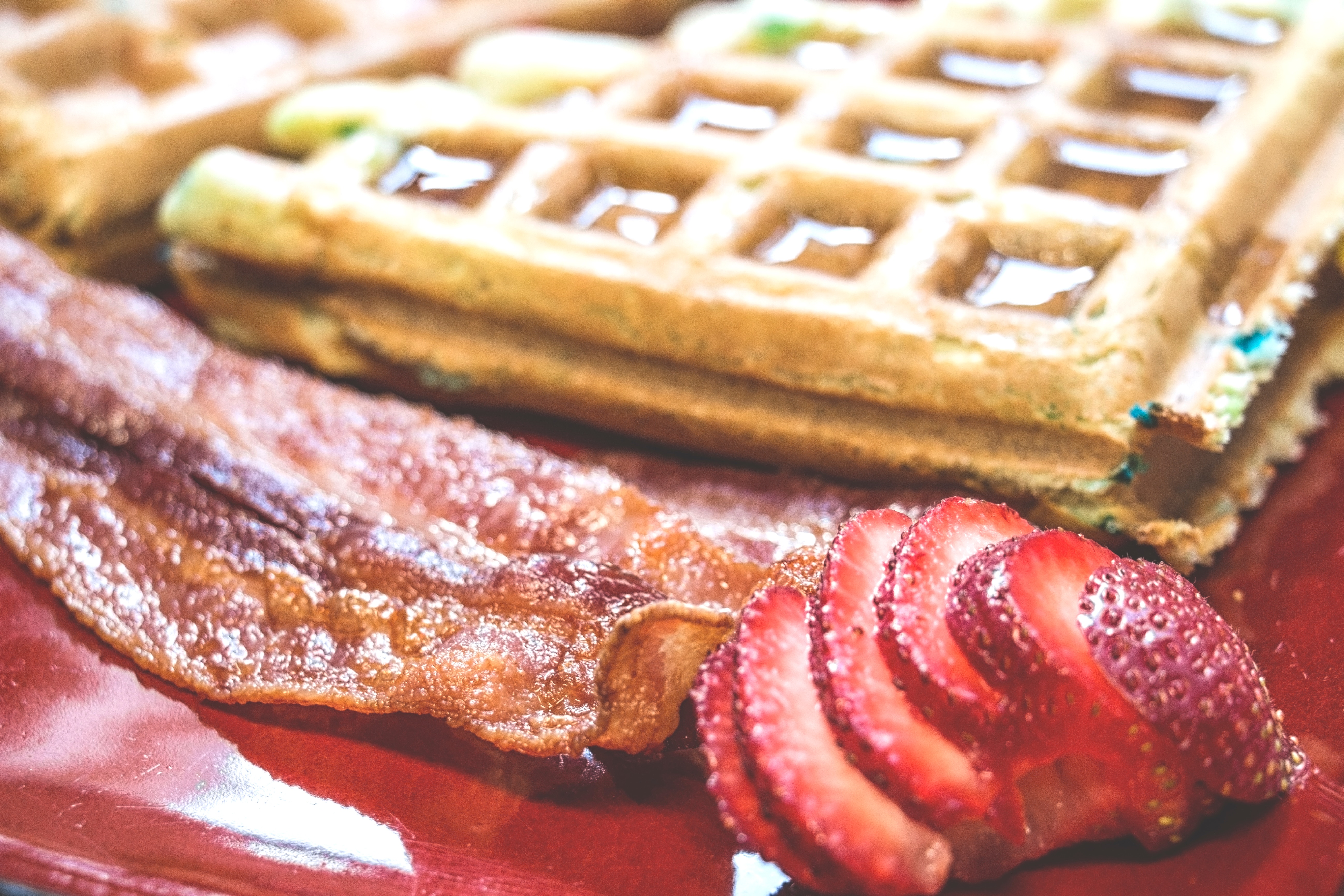 food, strawberry, waffles, breakfast, bacon