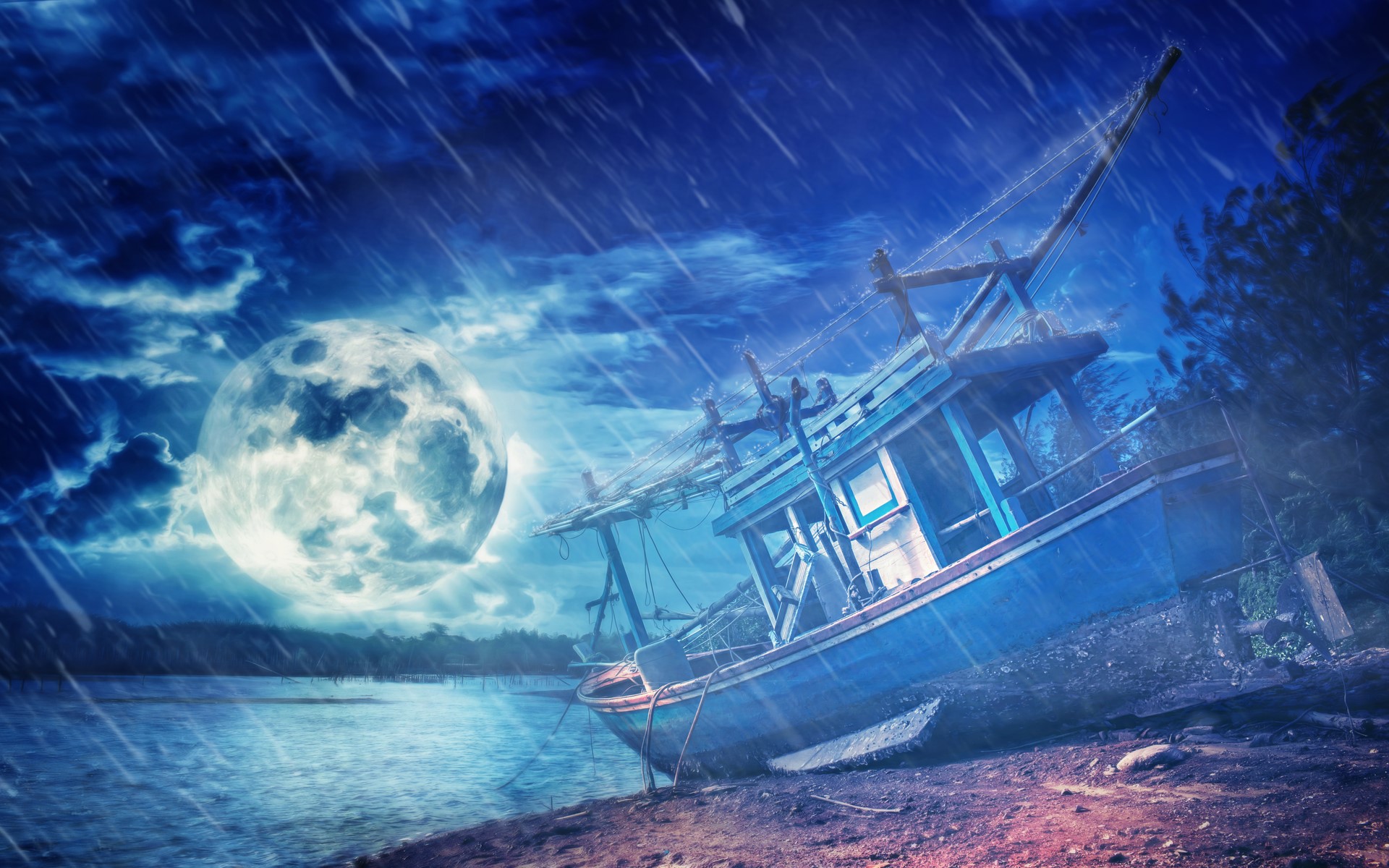 Download mobile wallpaper Rain, Moon, Ship, Artistic for free.