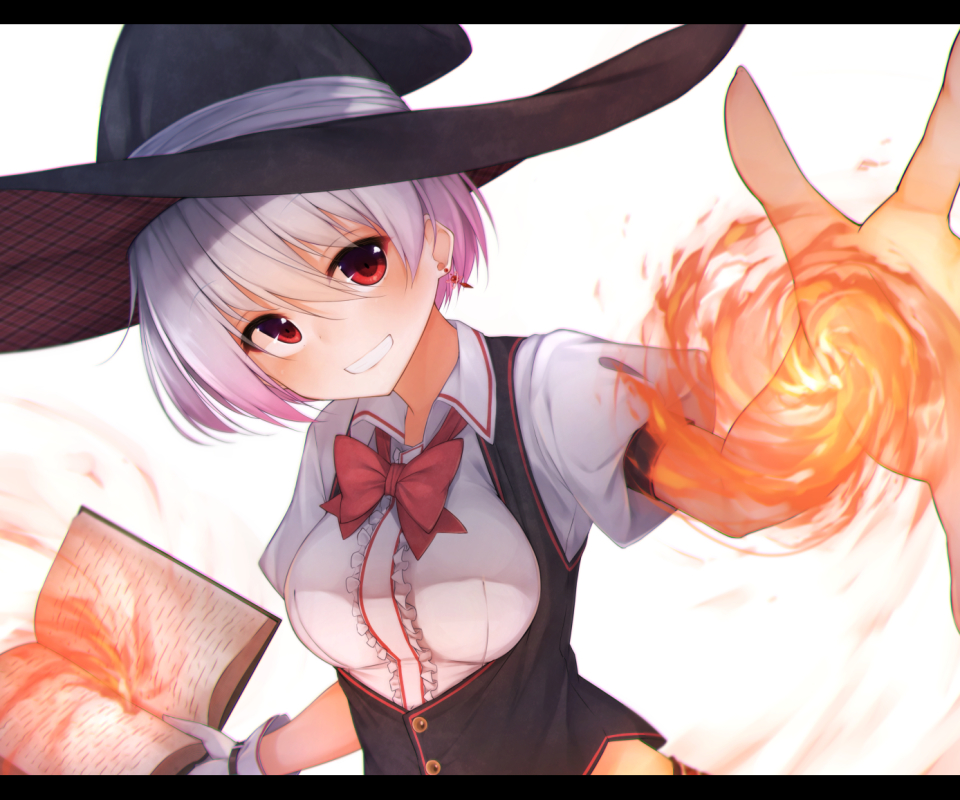 Download mobile wallpaper Anime, Magic, Fire, Smile, Book, Hat, Original, Witch, Red Eyes, Short Hair, Purple Hair, Bow (Clothing) for free.