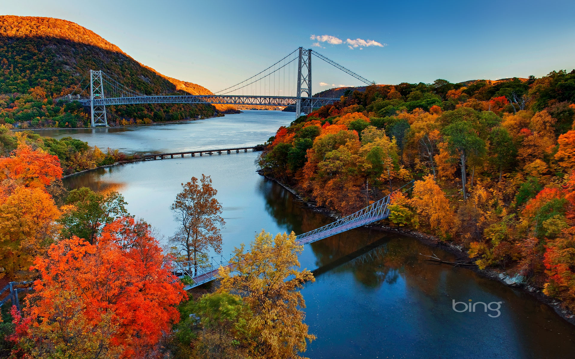 Laden Sie das Herbst, Wald, Brücke, Brücken, Menschengemacht-Bild kostenlos auf Ihren PC-Desktop herunter