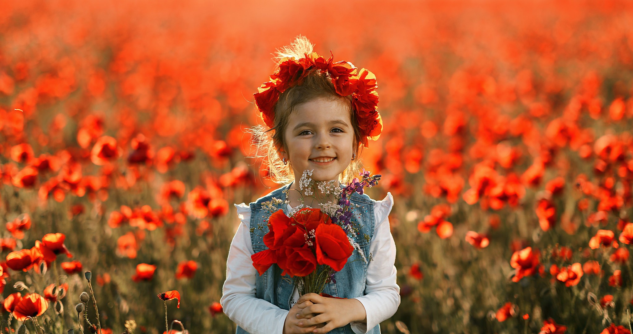 Download mobile wallpaper Summer, Flower, Smile, Child, Poppy, Wreath, Photography, Red Flower, Little Girl for free.