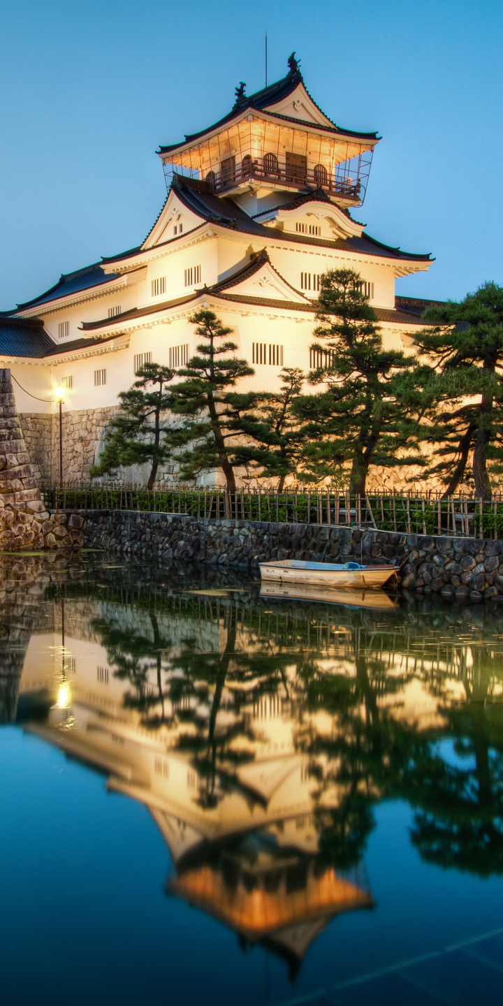 man made, toyama castle, boat, twilight, reflection, pond, castle, japan, castles