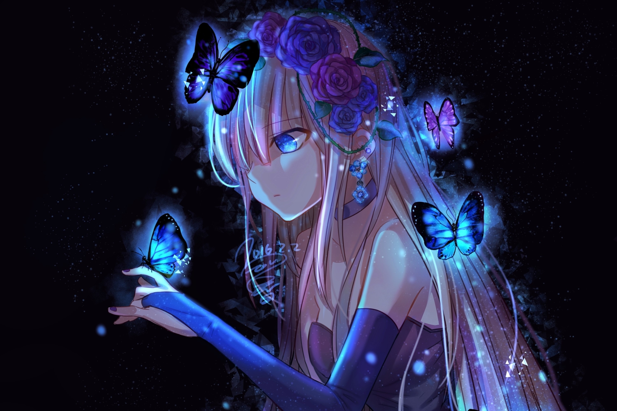 無料モバイル壁紙蝶, 女の子, 花, 青い目, 長い髪, アニメをダウンロードします。